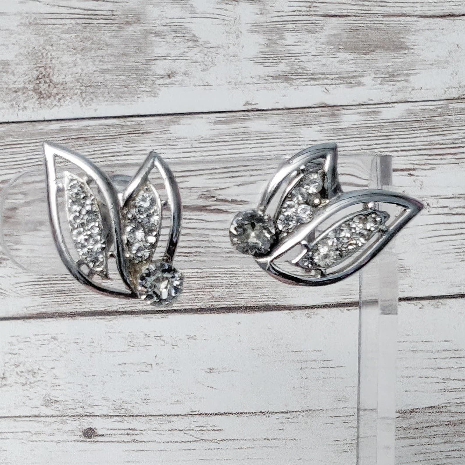 Vintage Clip On Earrings Silver Tone Leaves with Clear Gems