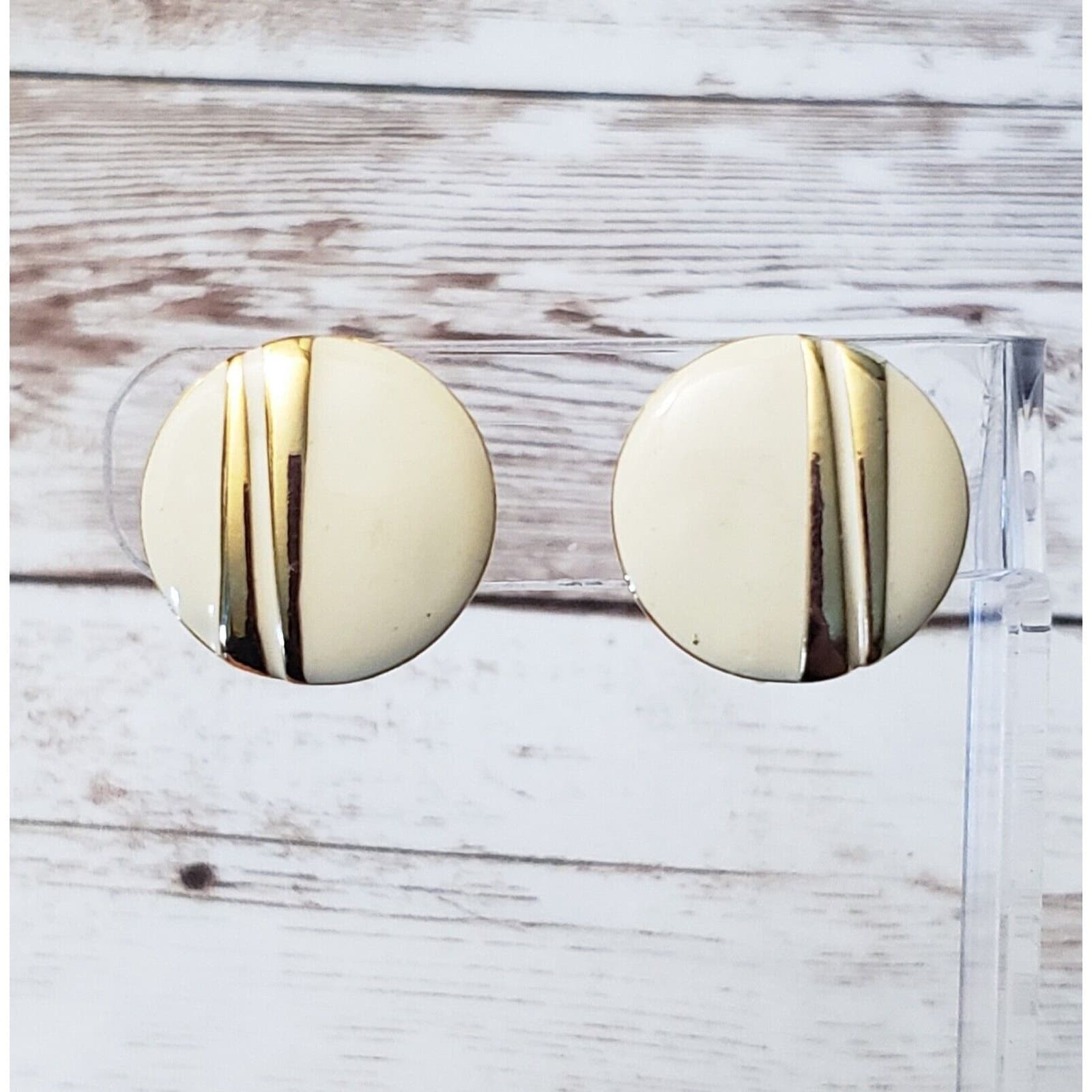 Vintage Clip On Earrings - Cream with Gold Tone Lines 7/8"
