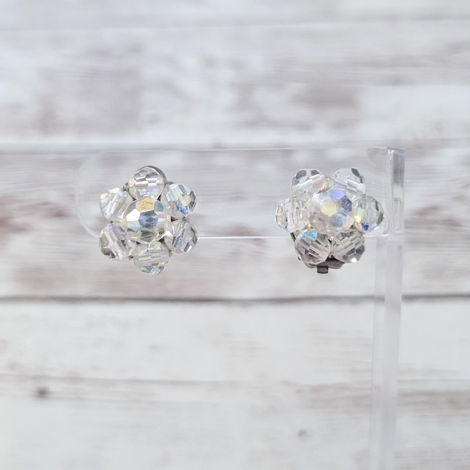 Vintage Clip On Earrings Beaded Cluster Clear with Iridescent Finish