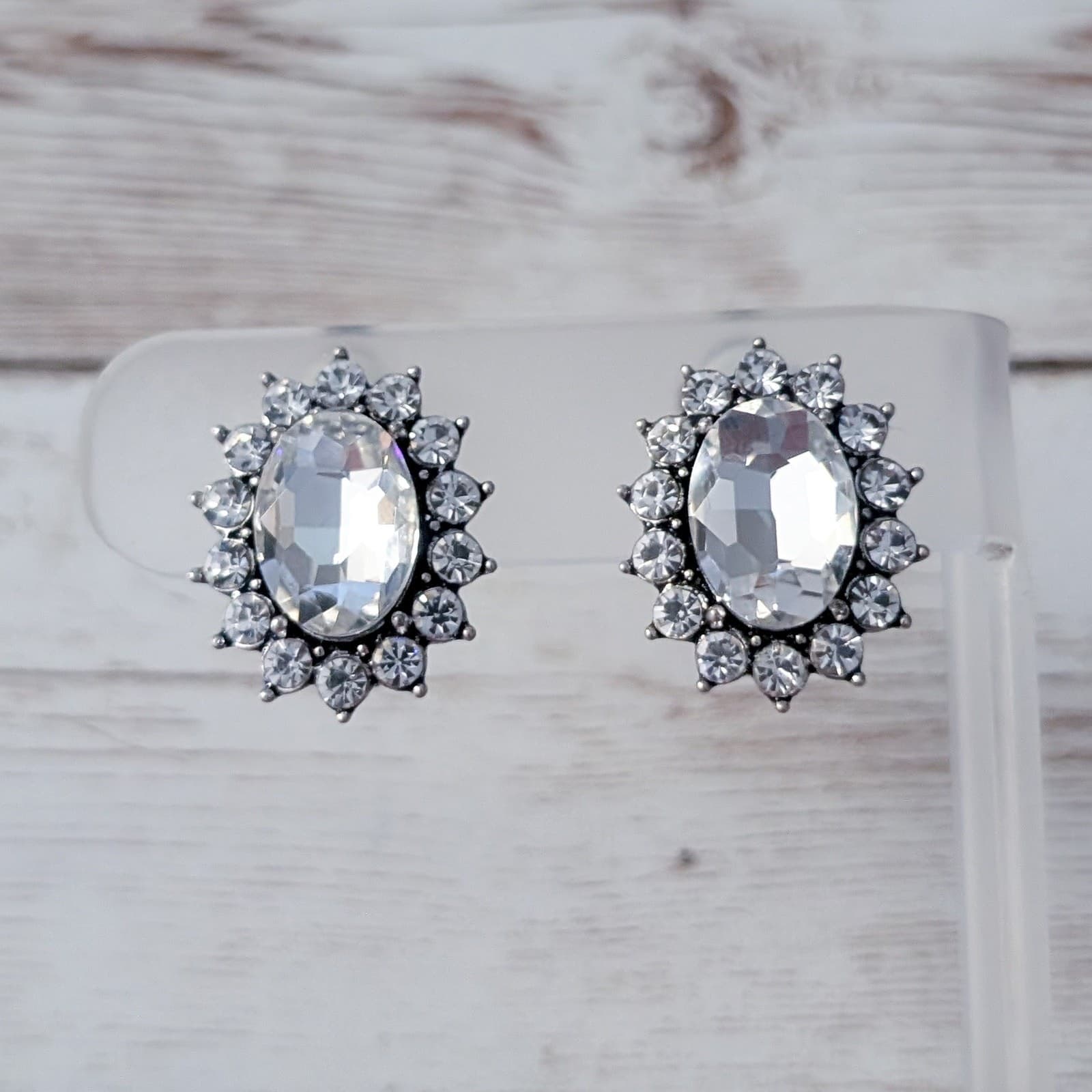 Vintage Clip On Earrings 7/8" Elegant Clear Gem Statement