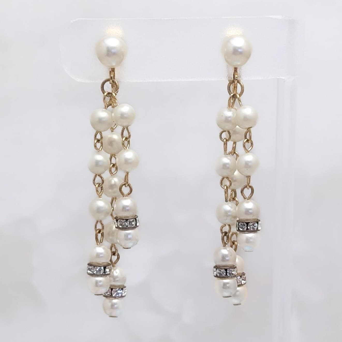 Vintage Clip On Earrings Extra Long Drop 3 Strand Faux Pearl Dangle
