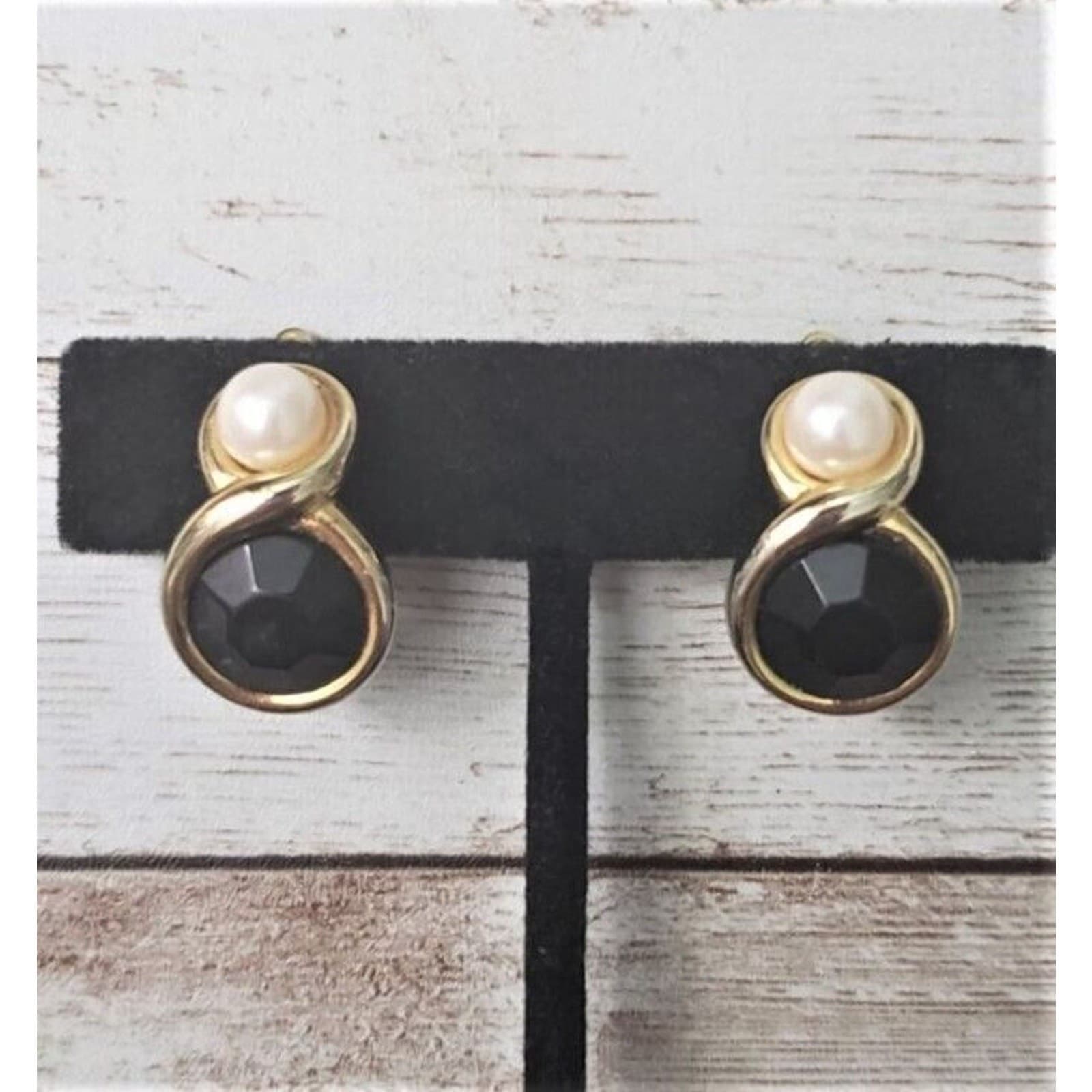 Vintage Clip On Earrings Black Gem, Faux Pearl, Gold Tone, Statement