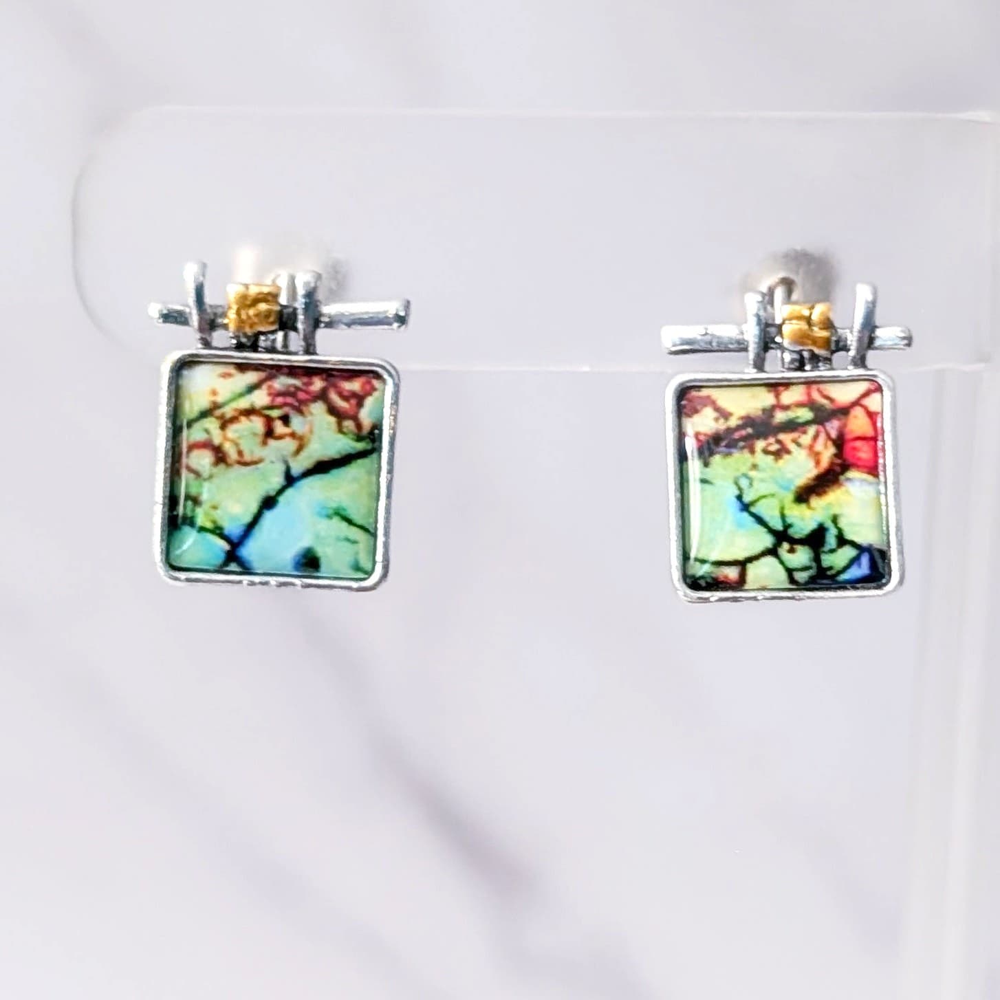 Statement Hook Dangle Earrings - Multi Colored & Silver Tone