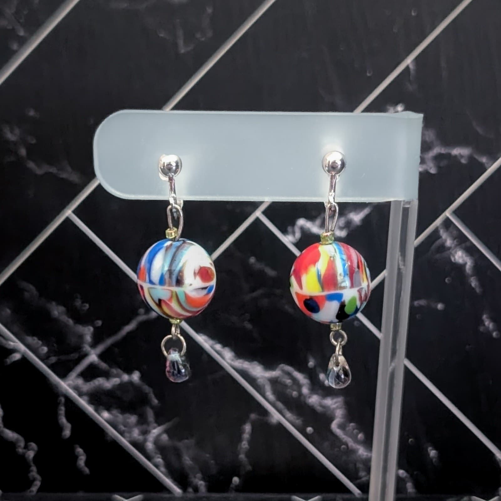 Vintage Clip On Earrings Multicolored Glass? Ball Dangle - Statement