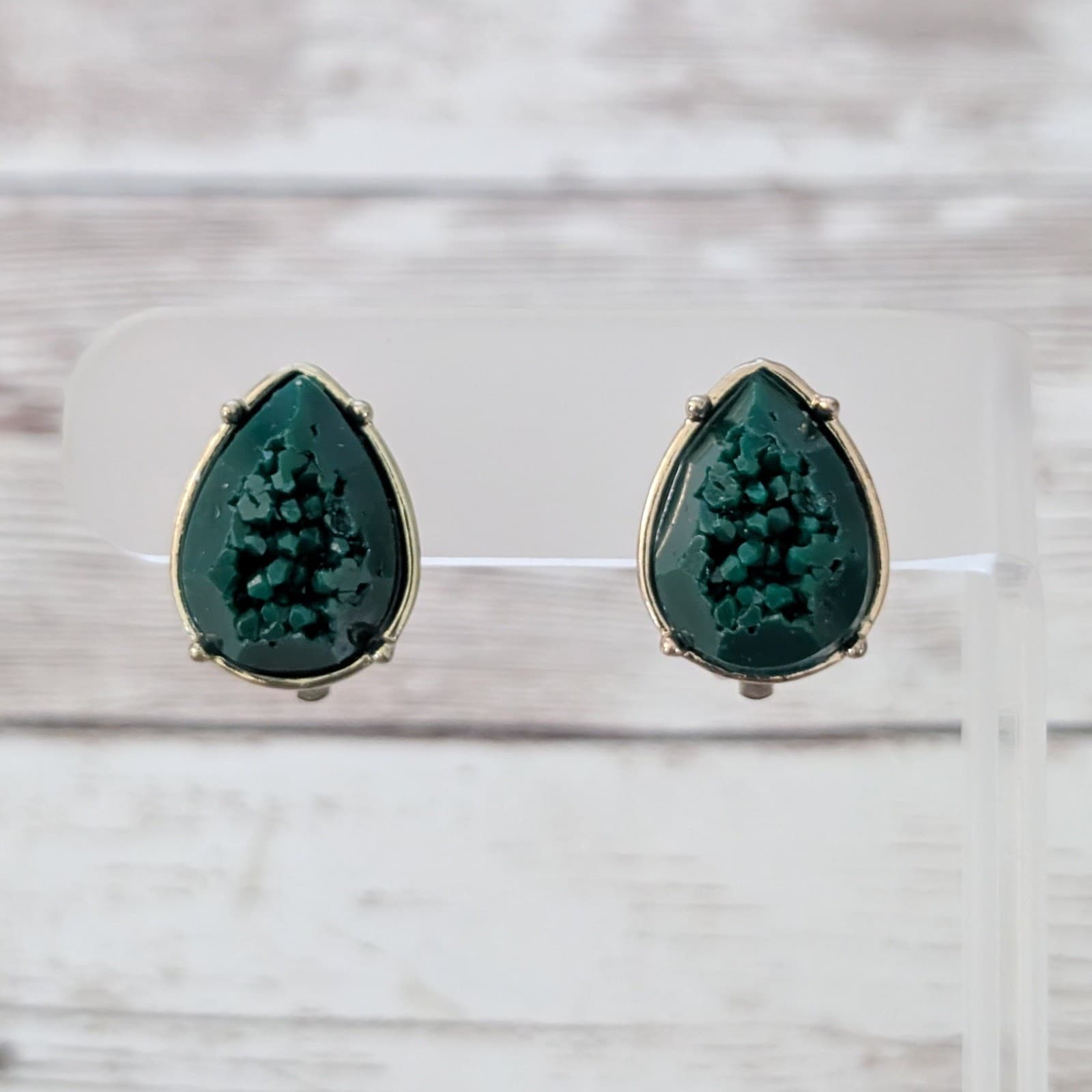Vintage Clip On Earrings Teardrop Shape Dark Green 0.75"
