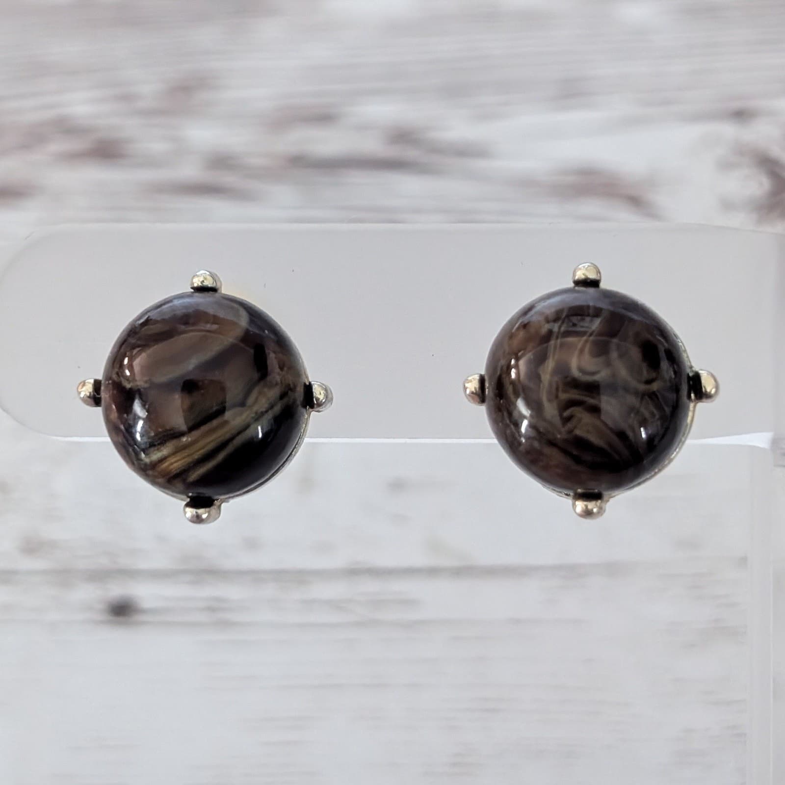 Vintage Clip On Earrings Just Over 5/8" Brown Marbled Design
