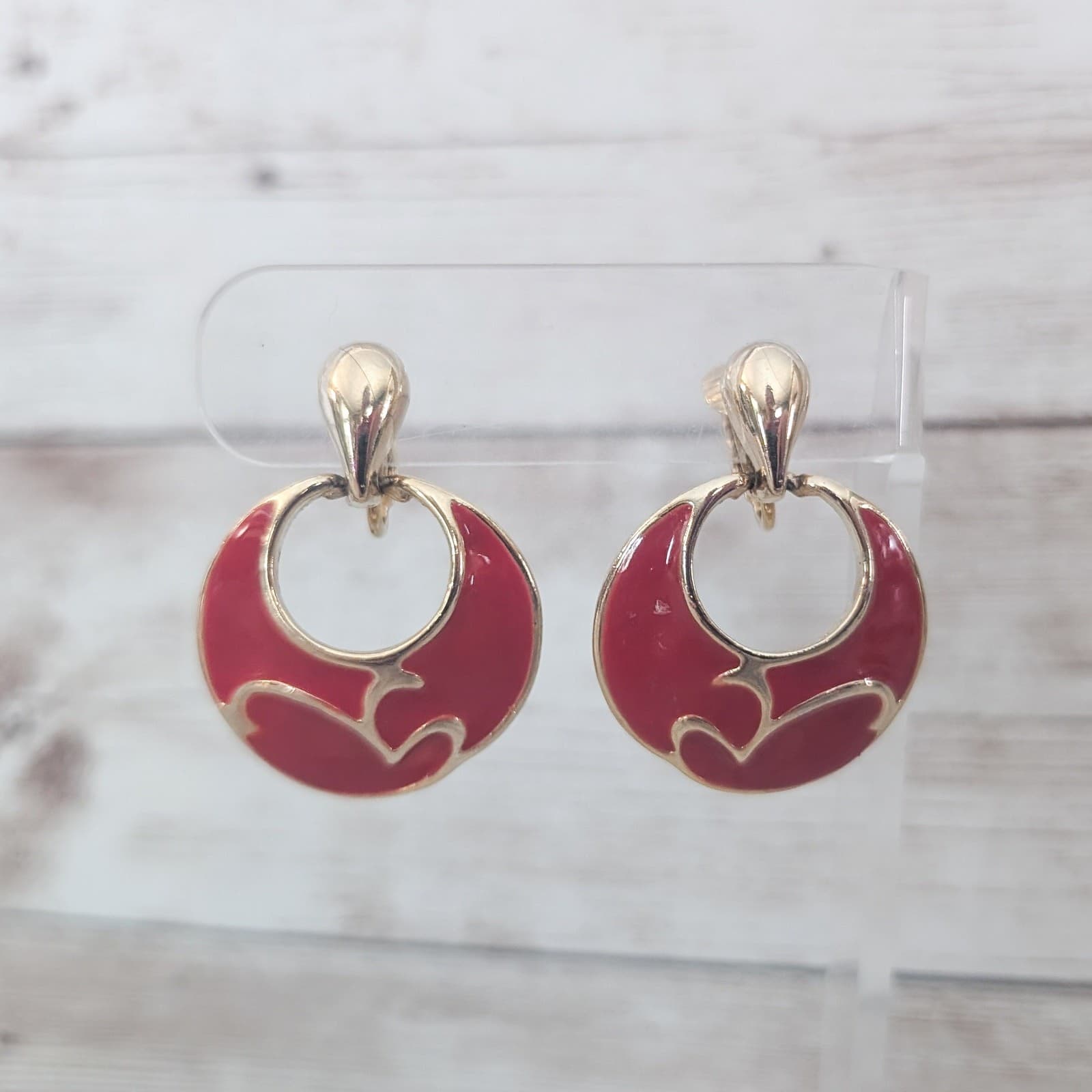 Vintage Clip On Earrings Fancy Red & Gold Tone Dangle