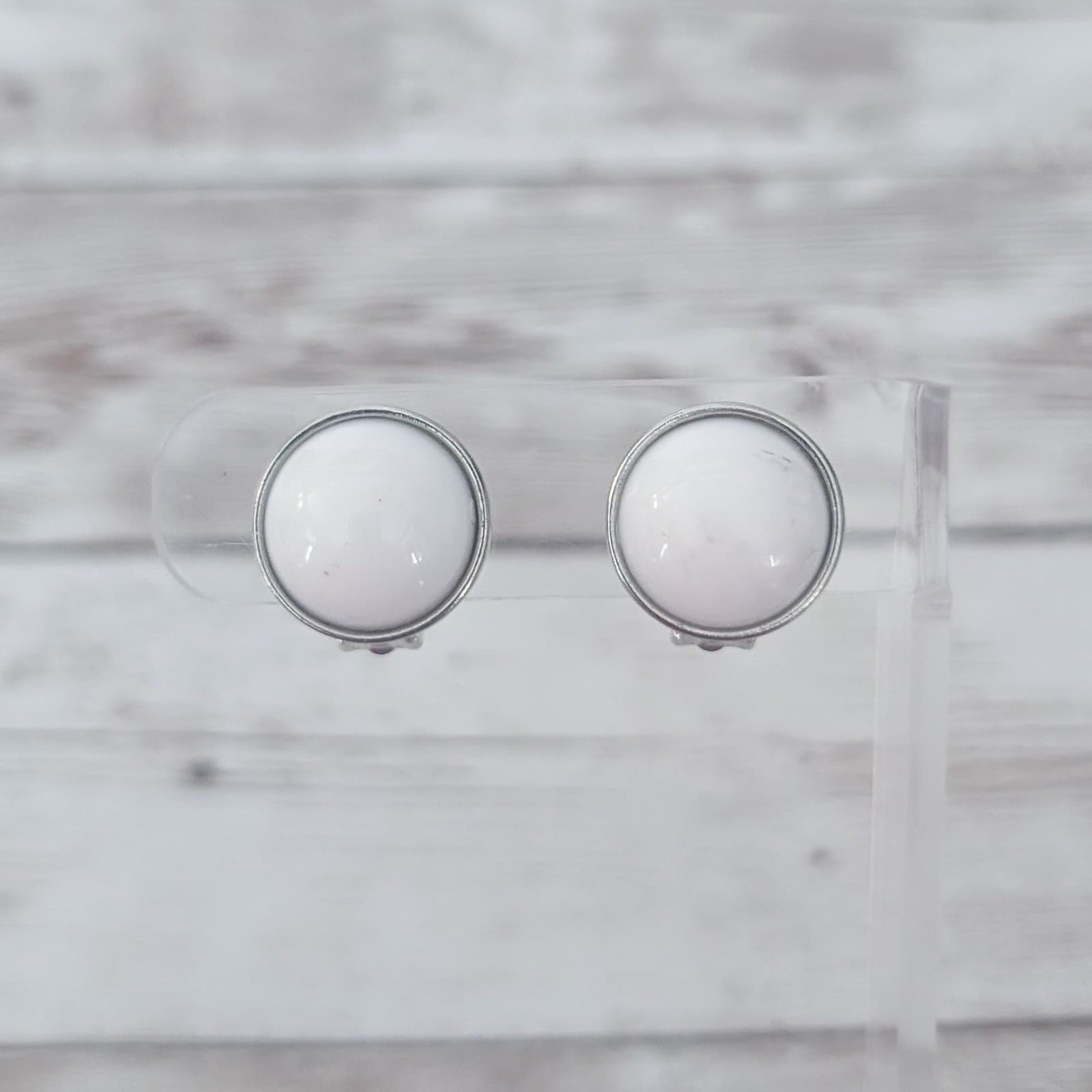 Vintage Clip On Earrings Domed White with Silver Tone Thin Halo 5/8" Retro