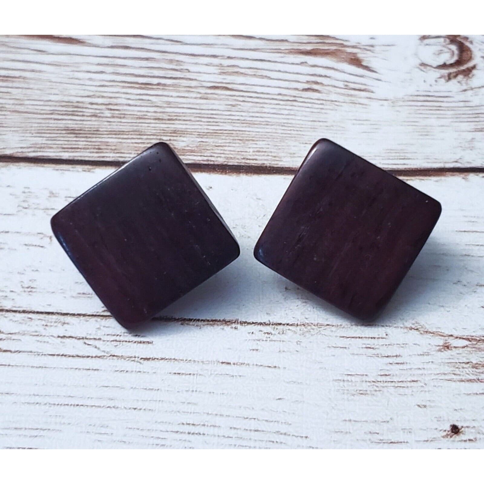 Vintage Clip On Earrings - Dark Brown Wooden Diamond Shape Just Under 1"