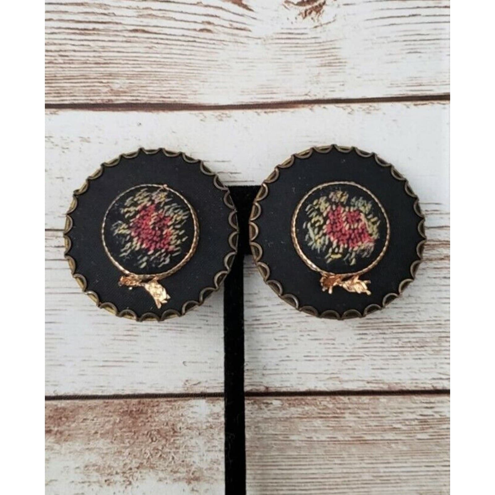 Vintage Clip On Earrings Black Hat Design with Tapestry Detail Statement