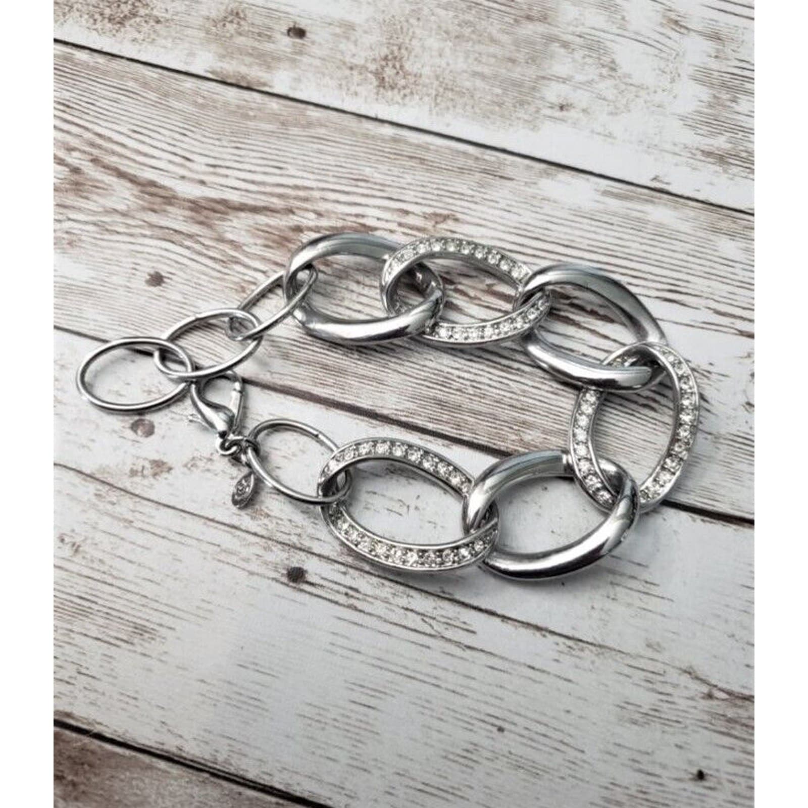 Vintage Bracelet / Bangle Chain Link Silver Tone with Clear Gem