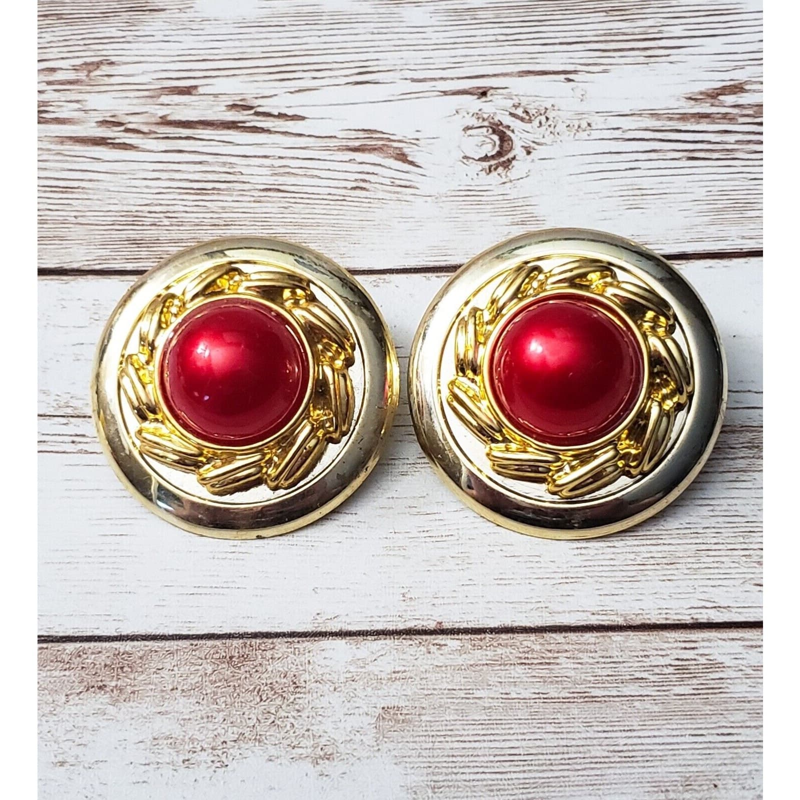 Vintage Clip On Earrings Large Statement Earrings Red & Gold Tone 3D