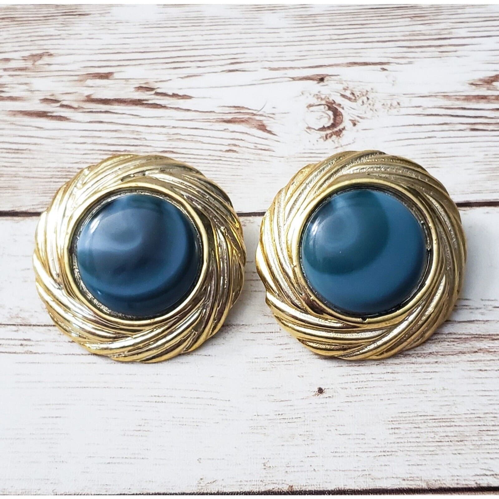 Vintage Clip On Earrings Large Statement Earrings Dark Blue with Swirly Halo