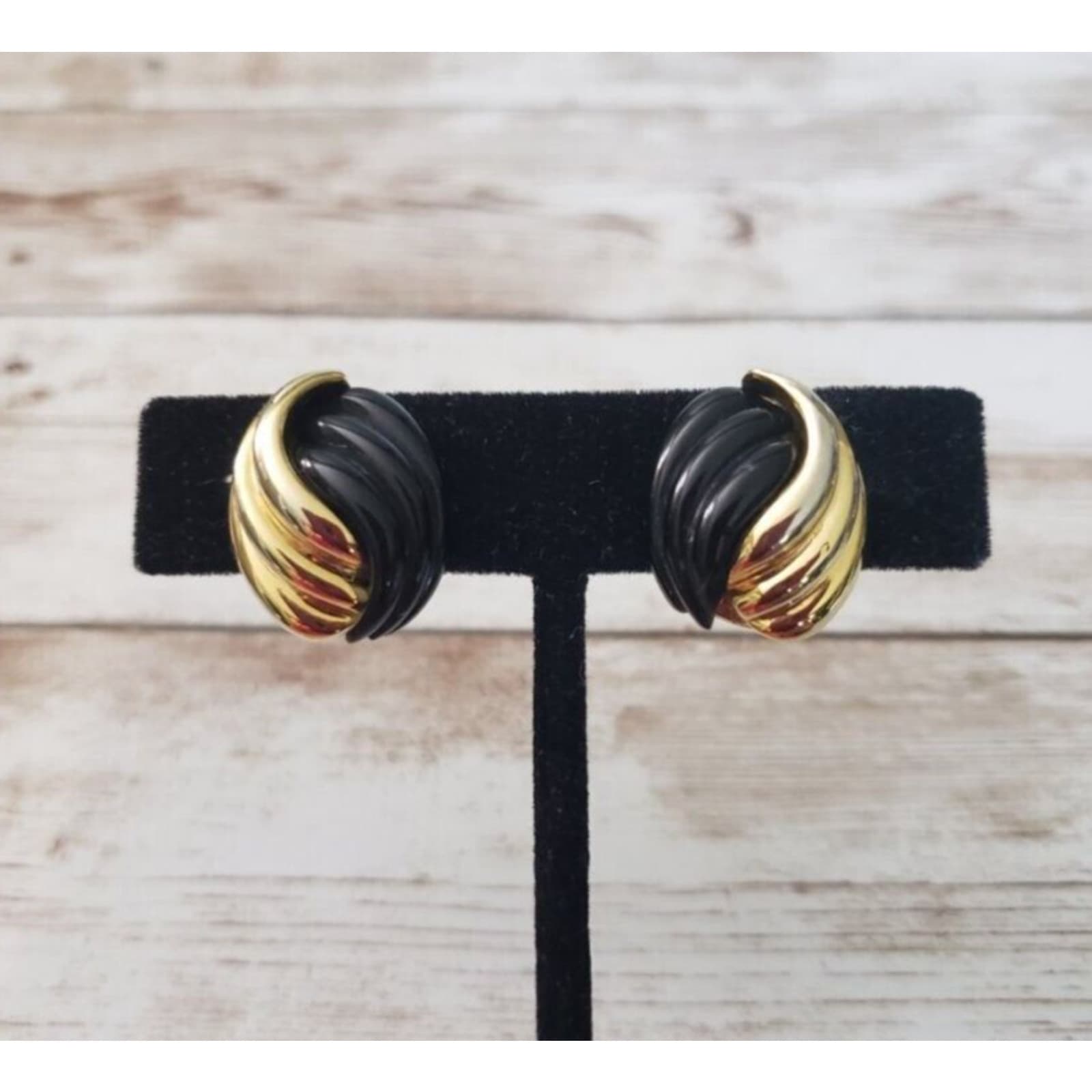 Vintage Monet Clip On Earrings - Black & Gold Tone