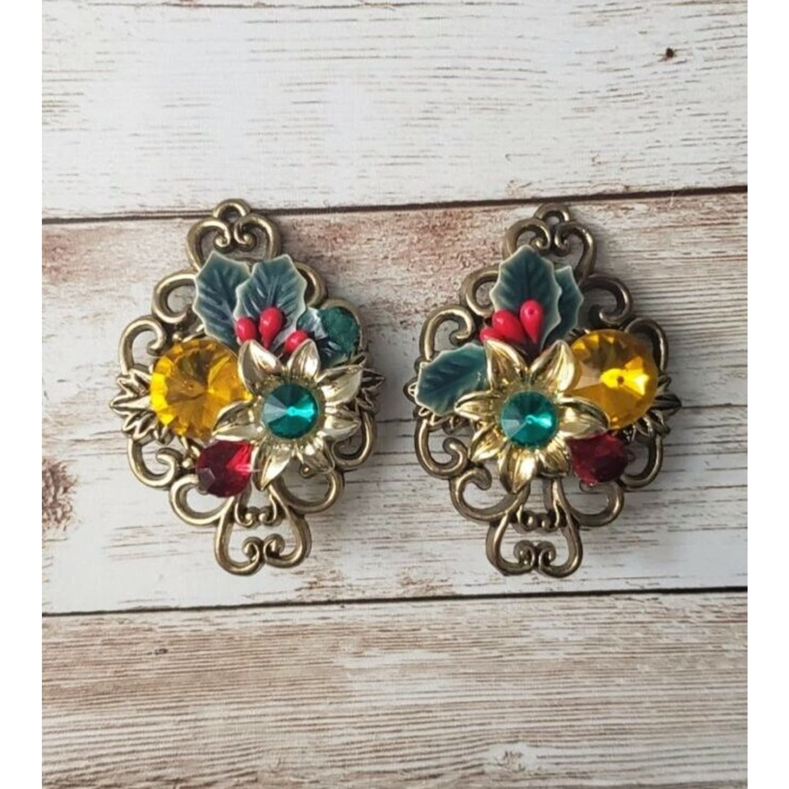 Vintage Clip On Earrings 2" Large Flower & Holly Statement Earrings