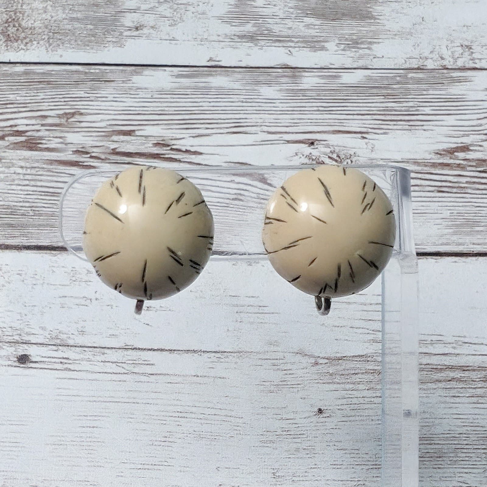 Vintage Clip On Earrings Beige Domed With Design 7/8"