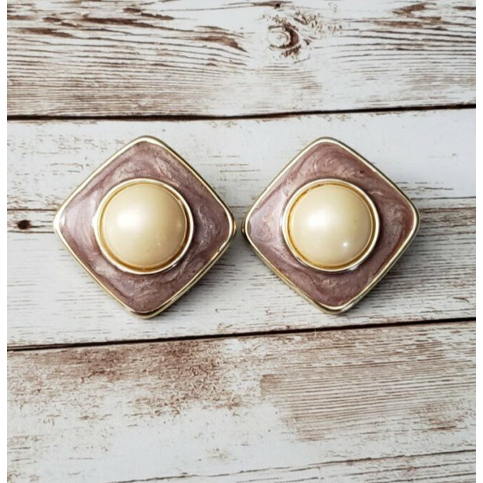 Vintage Clip On Earrings 1.75" Large Faux Pearl with Diamond Shape Halo