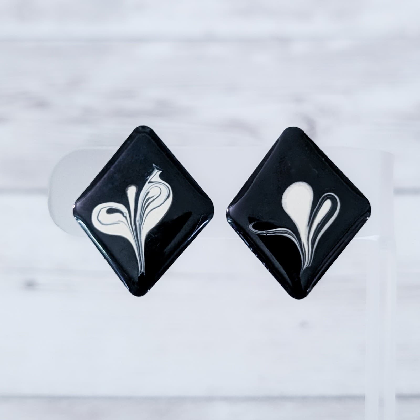 Vintage Clip On Earrings Statement Black & Cream Diamond Shape