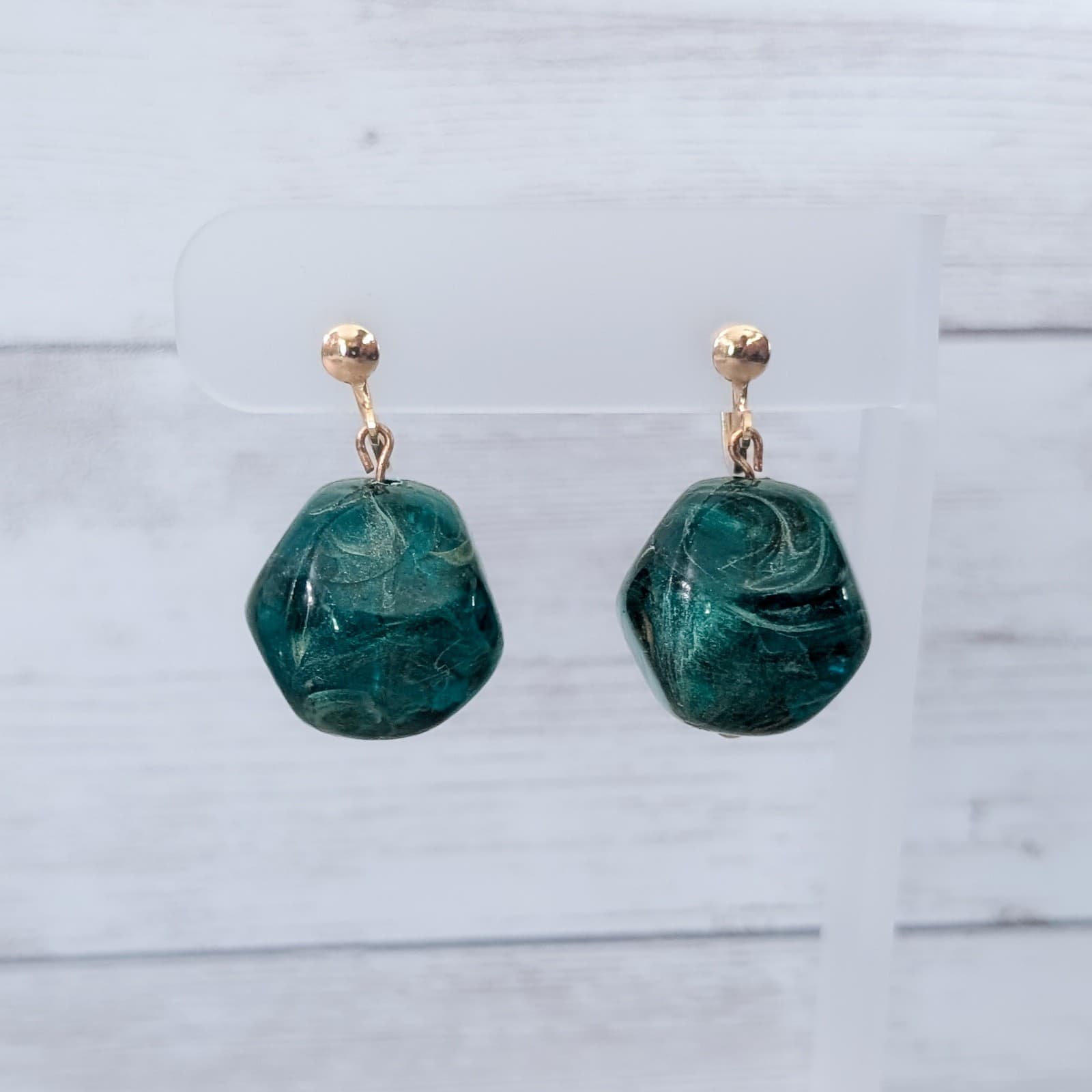 Vintage Screw On Earrings Stunning Green Dangle Large Chunky Statement