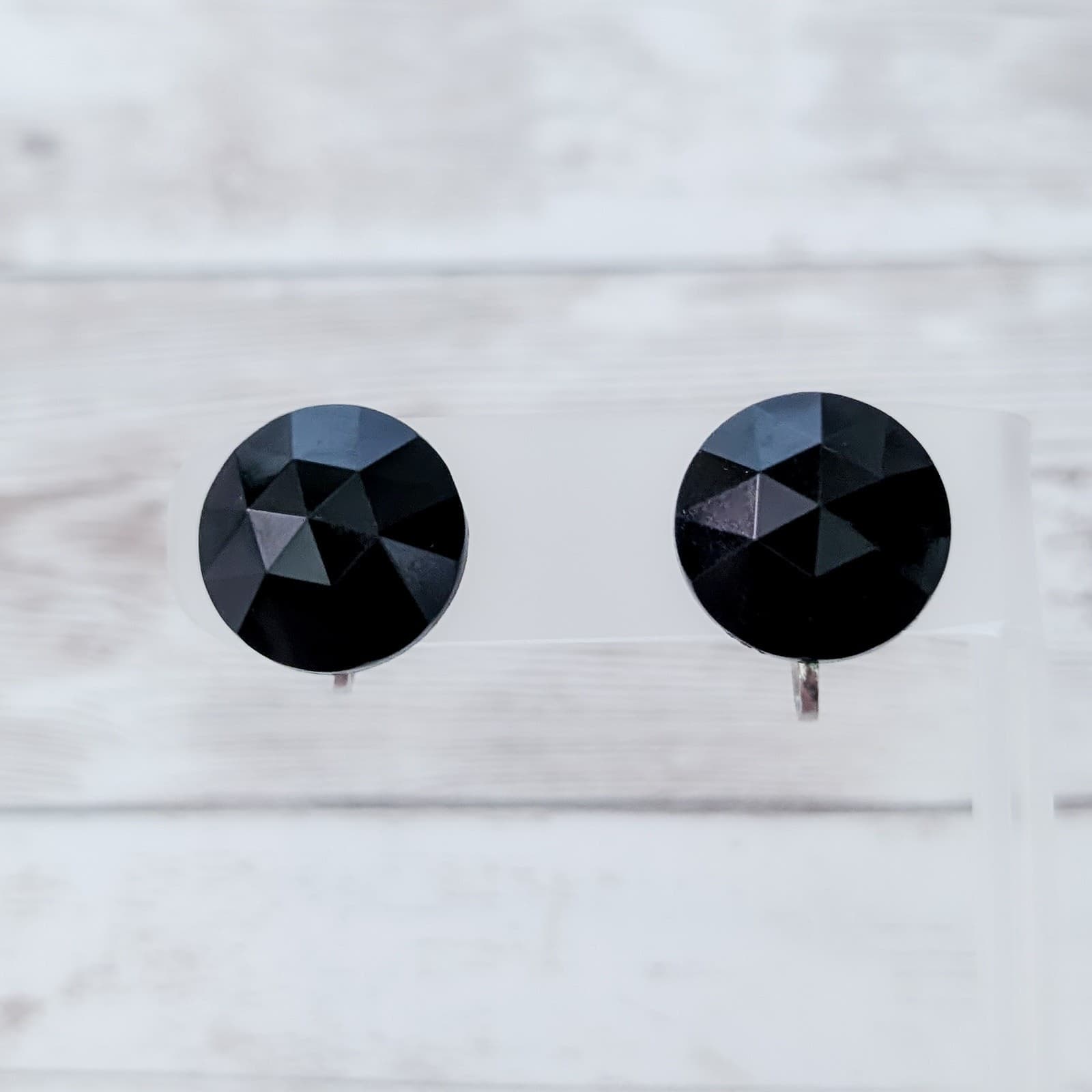 Vintage Screw On Earrings Retro Black Faceted Circle