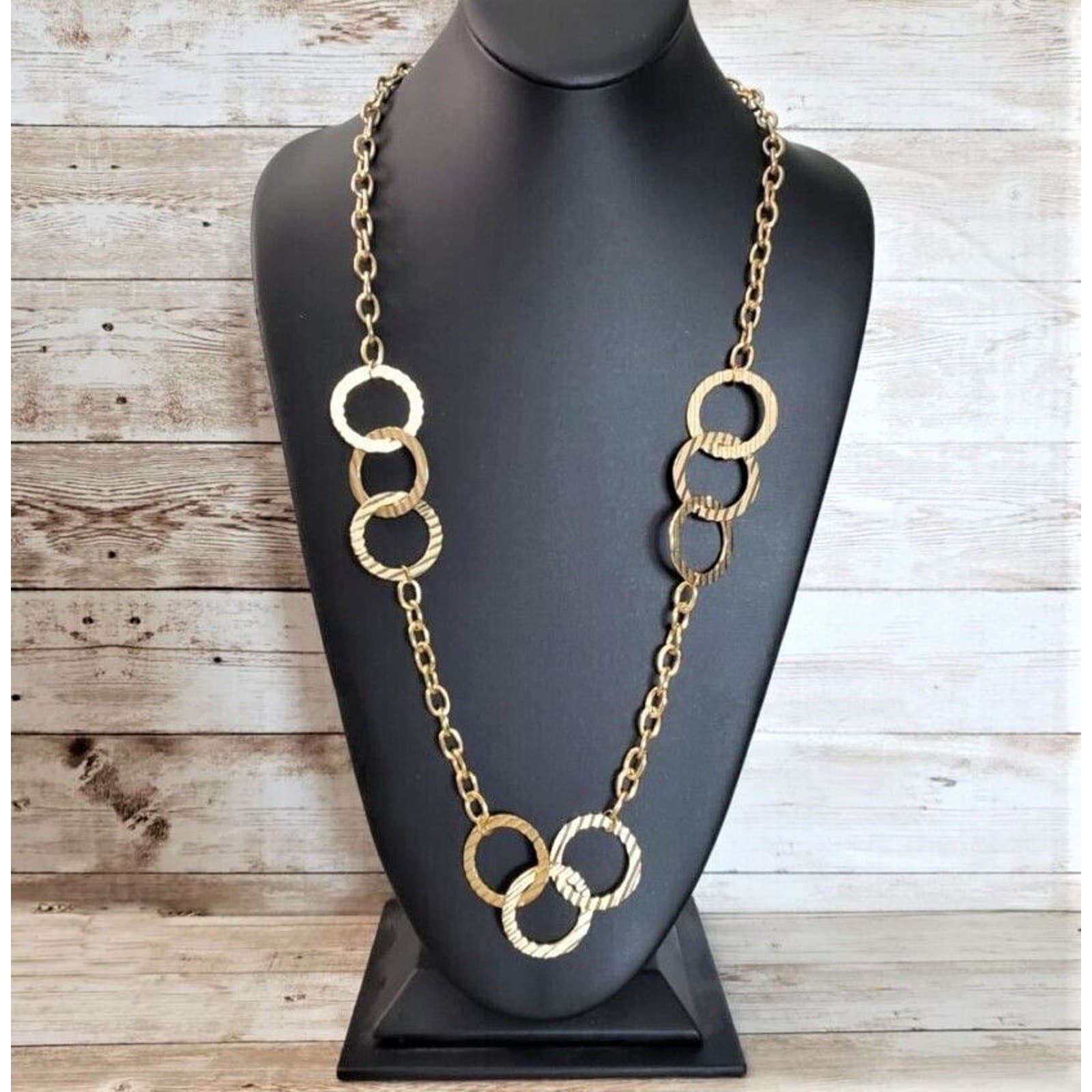 Vintage Necklace - Long Gold Tone with Corrugated Circles - Statement