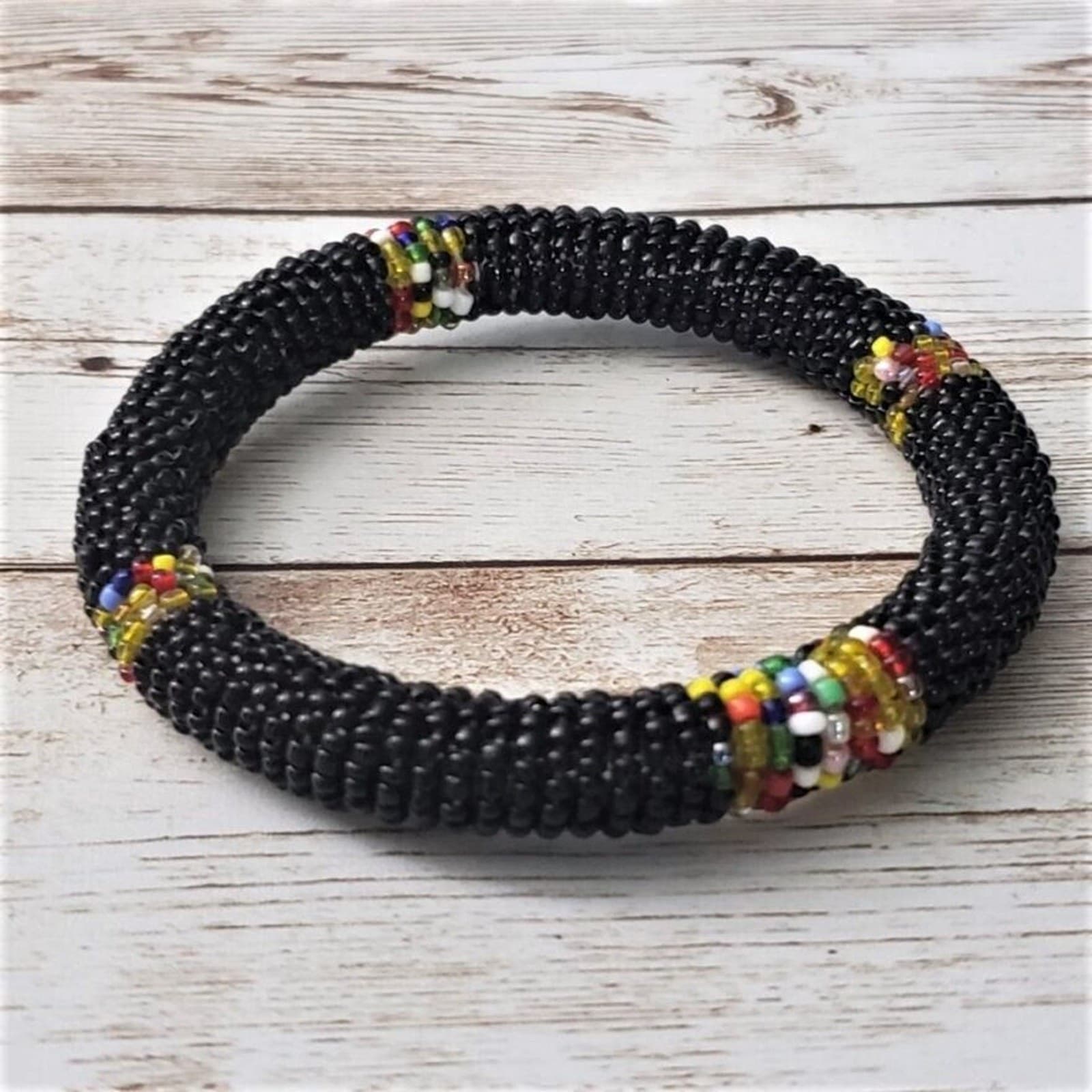 Vintage Bracelet / Bangle - Chunky Multi Colored & Black Beaded