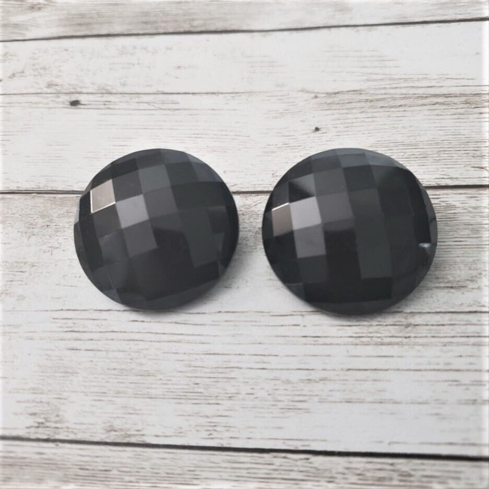 Vintage Clip On Earrings Large 1 & 3/8" Black Faceted Circle