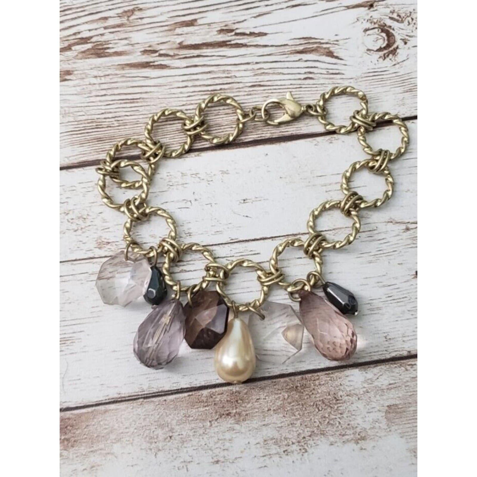 Vintage Bracelet - Bracelet with Purple Tone & Faux Pearl Dangles 7"