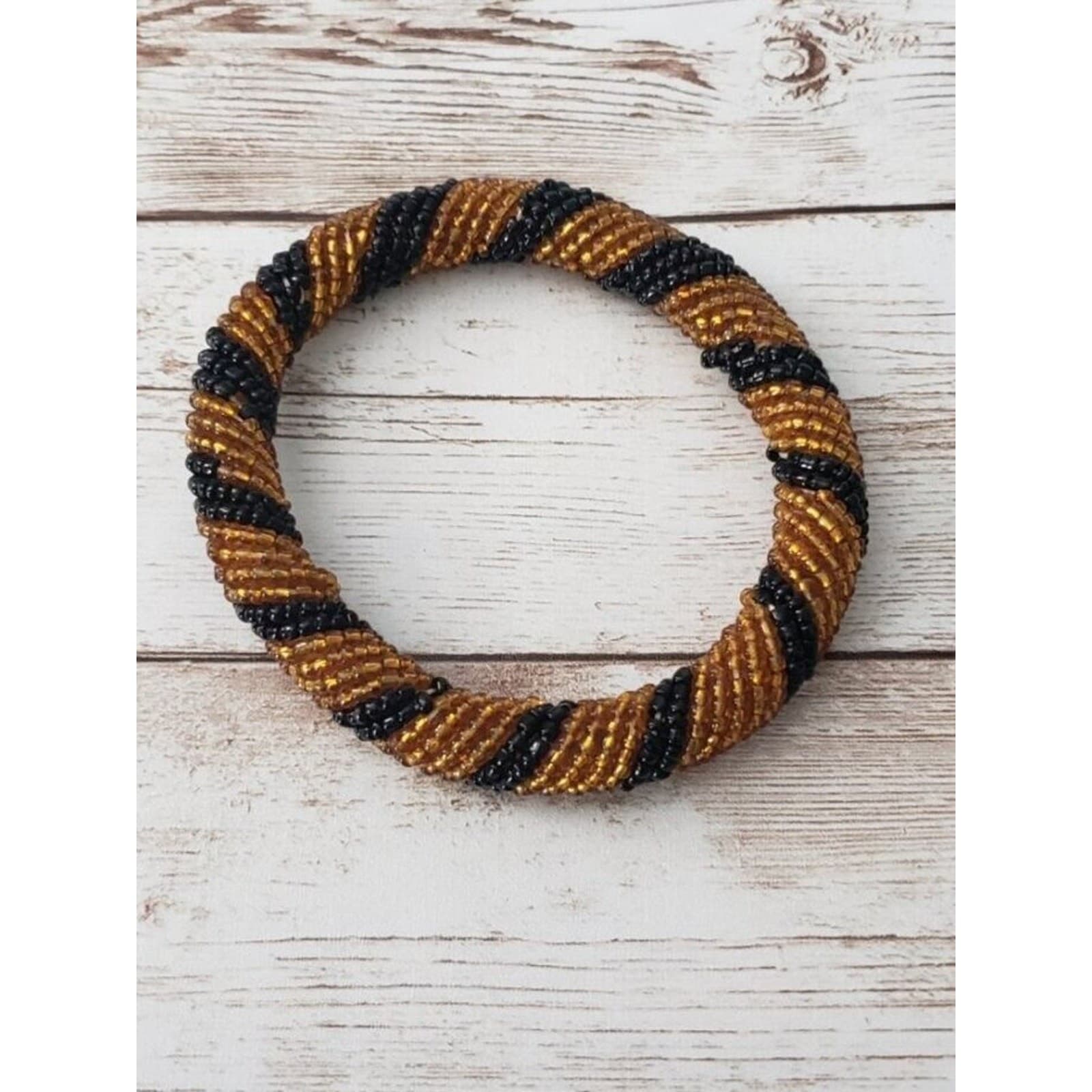 Vintage Bracelet / Bangle - Black & Amber Tone Beaded Bracelet