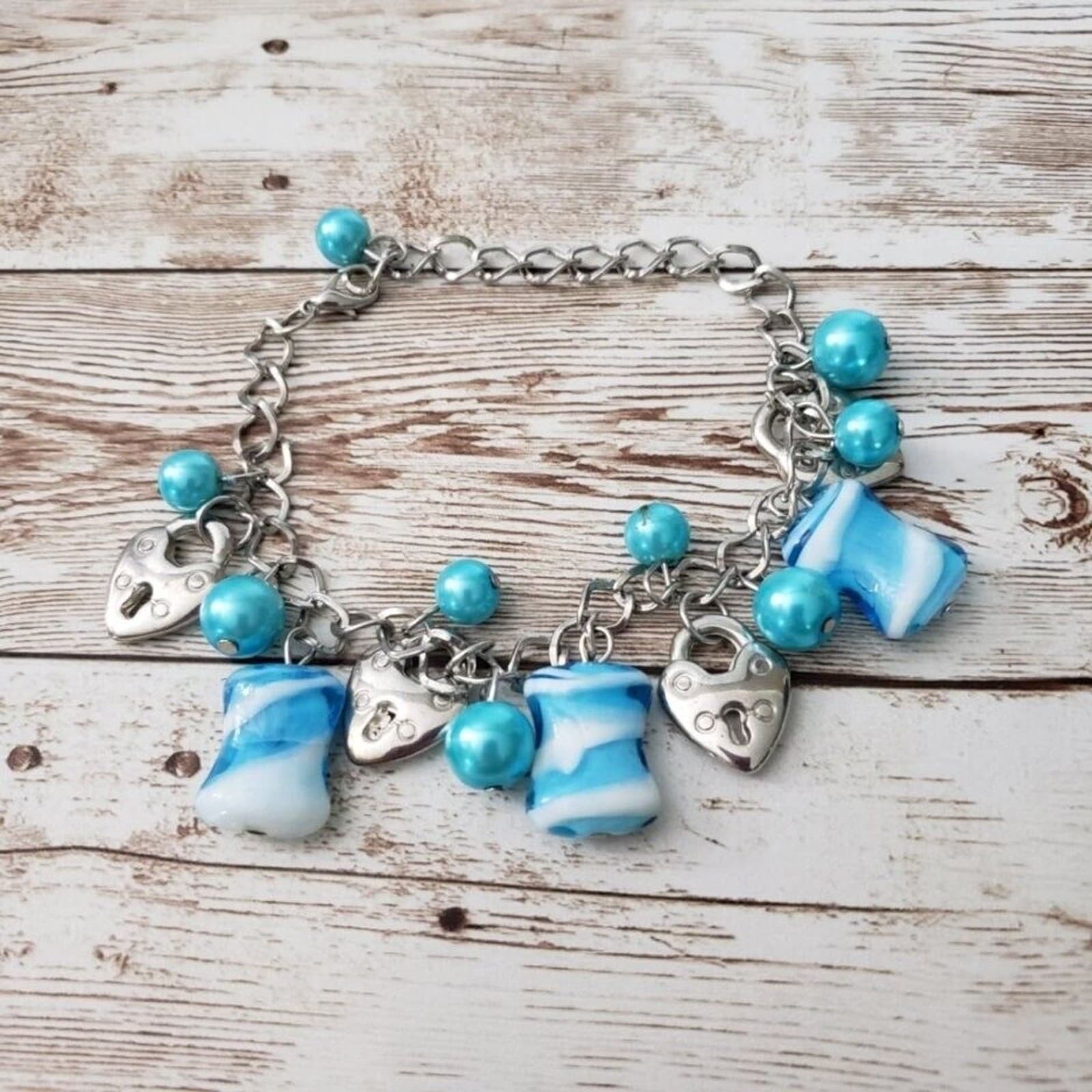 Vintage Charm Bracelet - Blue, White & Silver Tone
