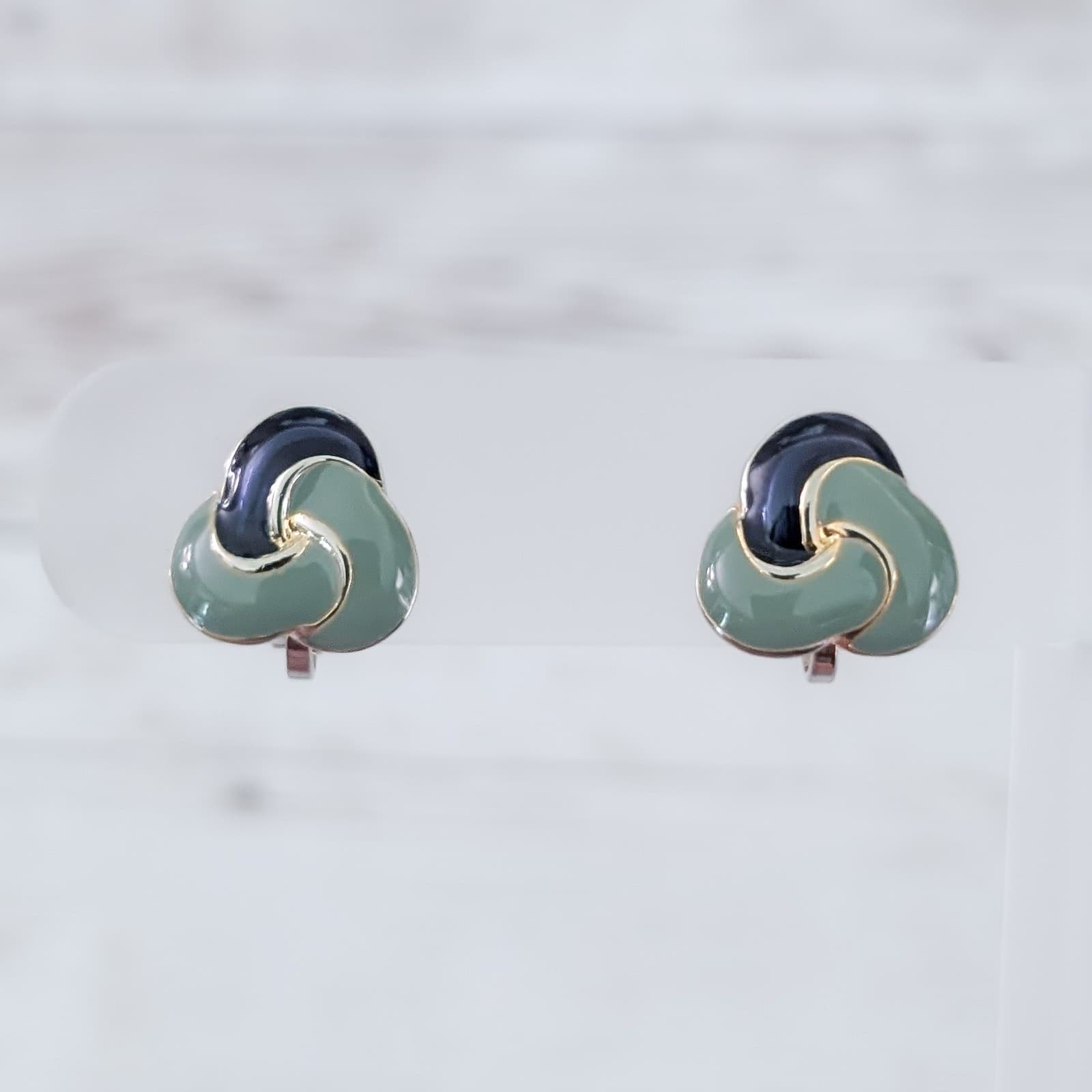 Vintage Clip On Earrings 0.25" Dainty Muted Green & Dark Blue Classy