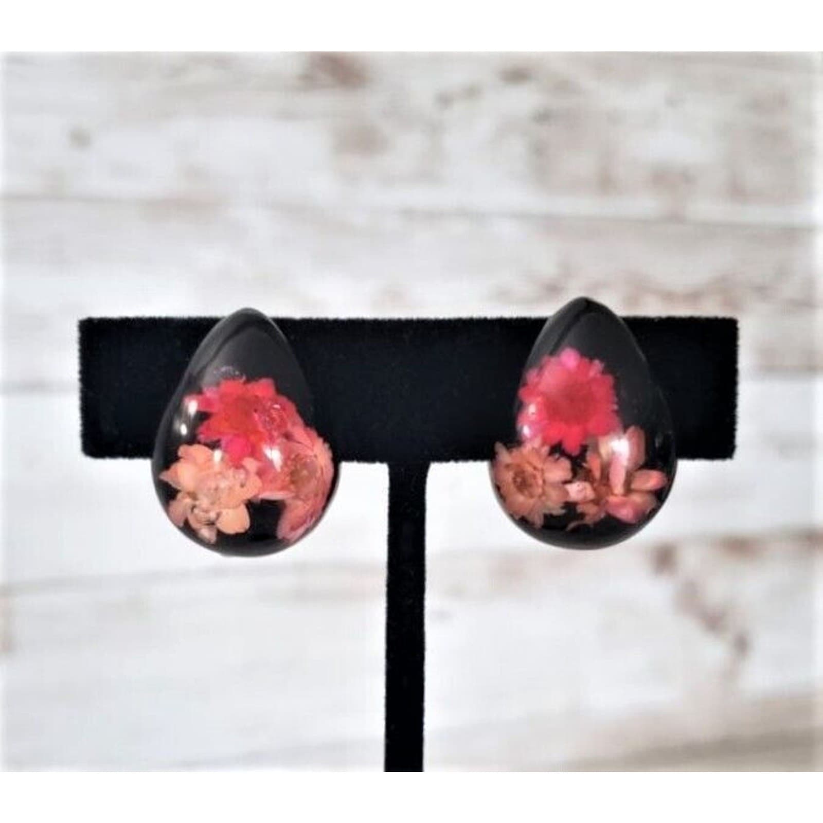 Vintage Clip On Earrings - Statement Tear Drop Pink Flowers