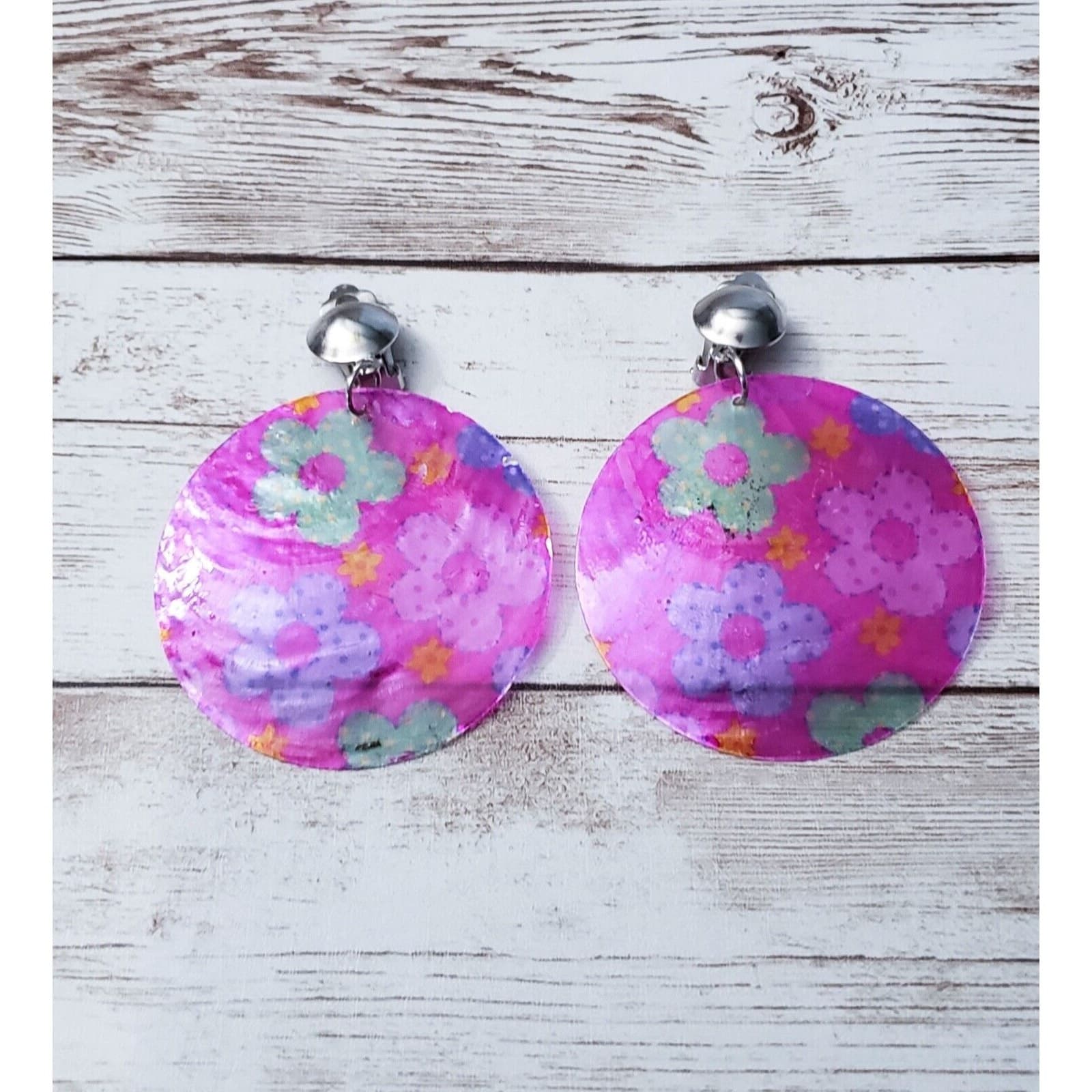 Vintage Clip On Earrings - Extra Large Brightly Colored Flower Dangle
