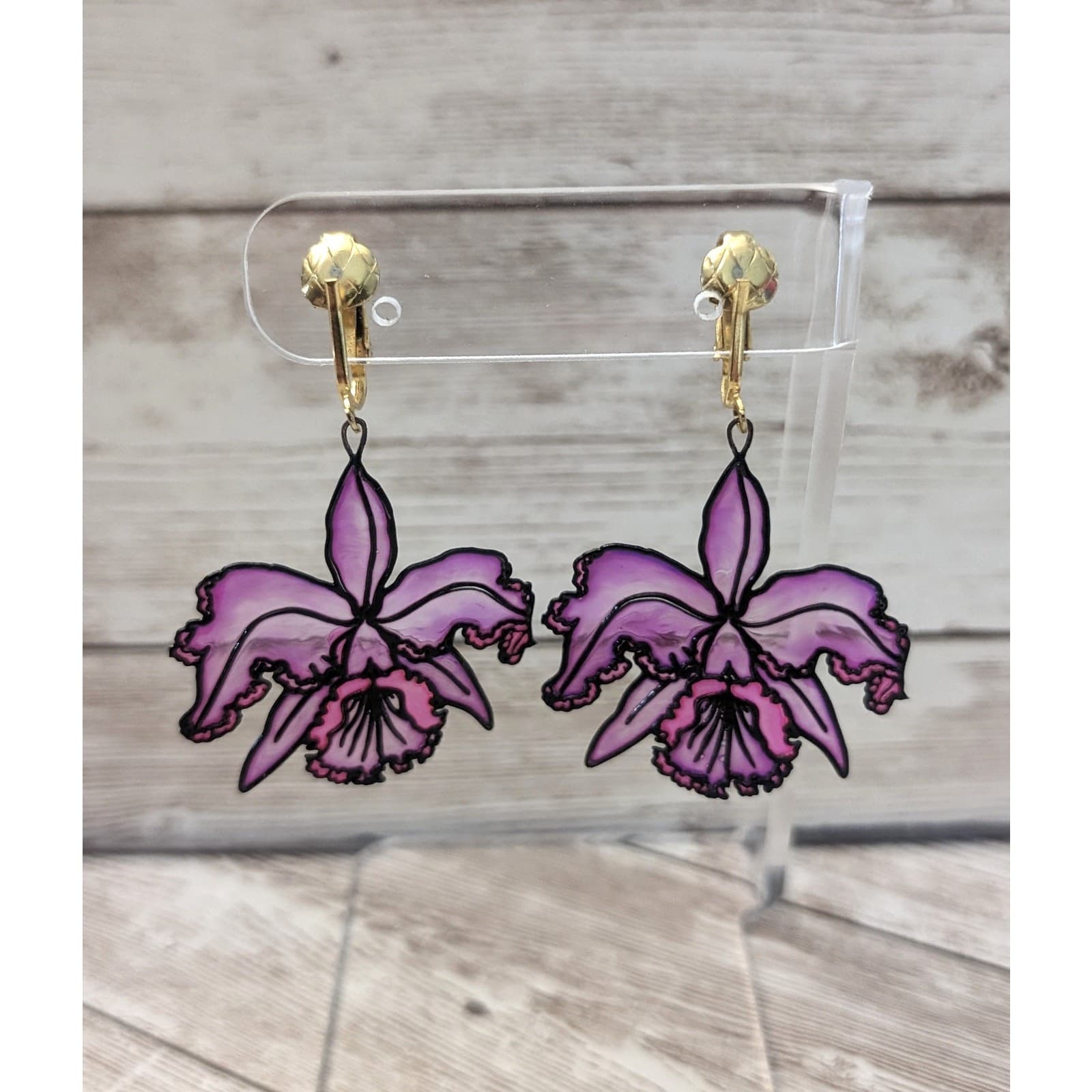 Vintage Clip On Earrings Large Pinkish Flower Dangle