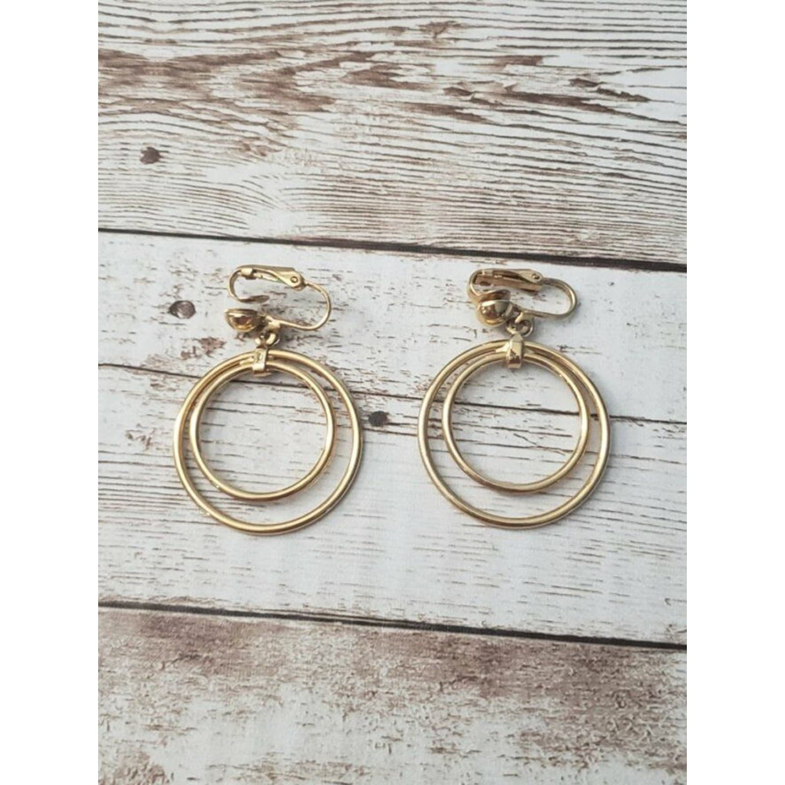Vintage Clip On Earrings - Double Dangle Circle Gold Tone