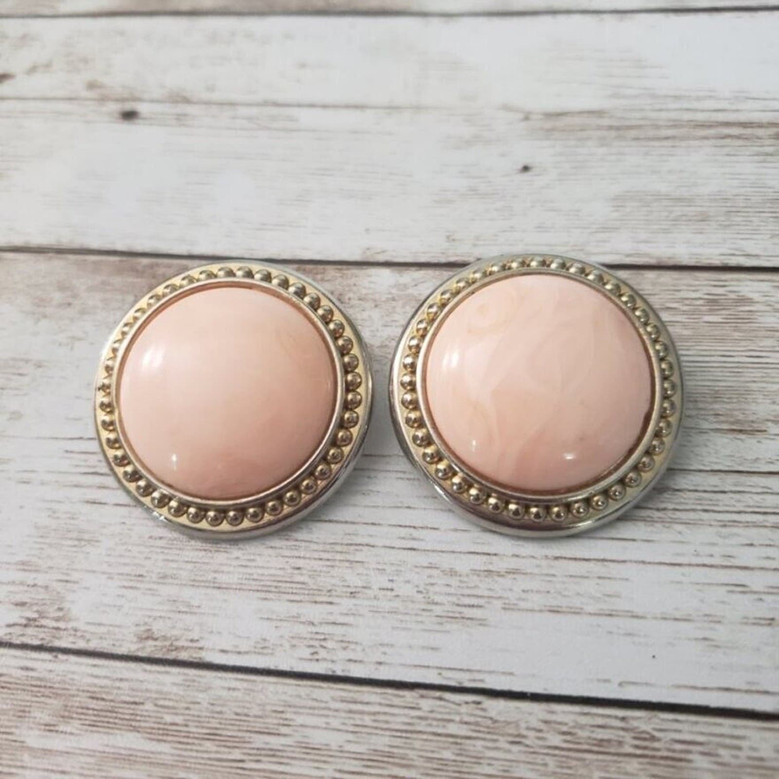 Vintage Clip On Earrings Large Light Pink Circle with Gold Tone Halo Statement