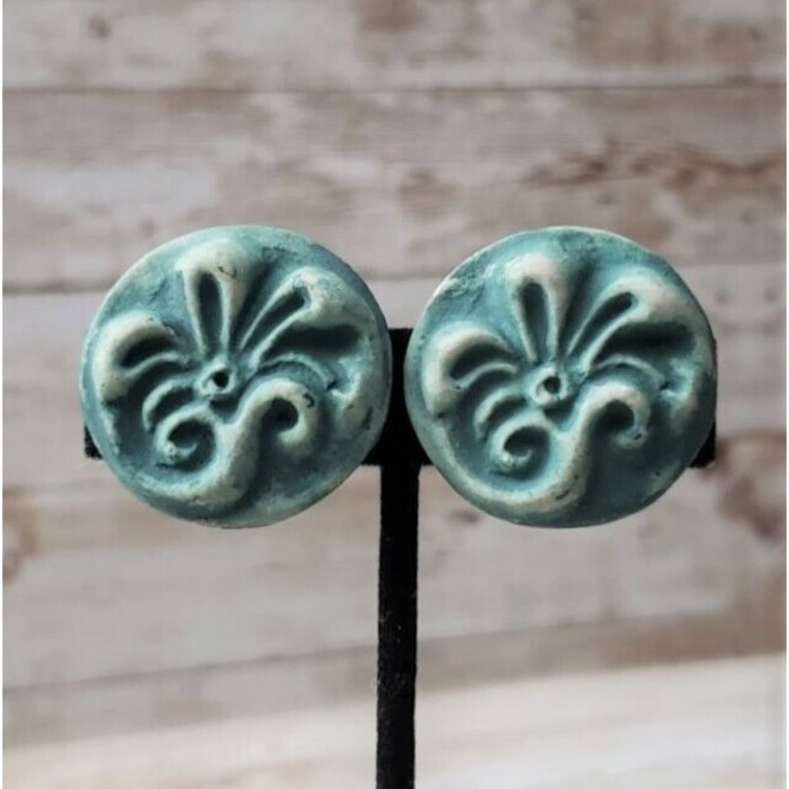 Vintage Clip On Earrings Seafoam Blue Flower Pattern Circle