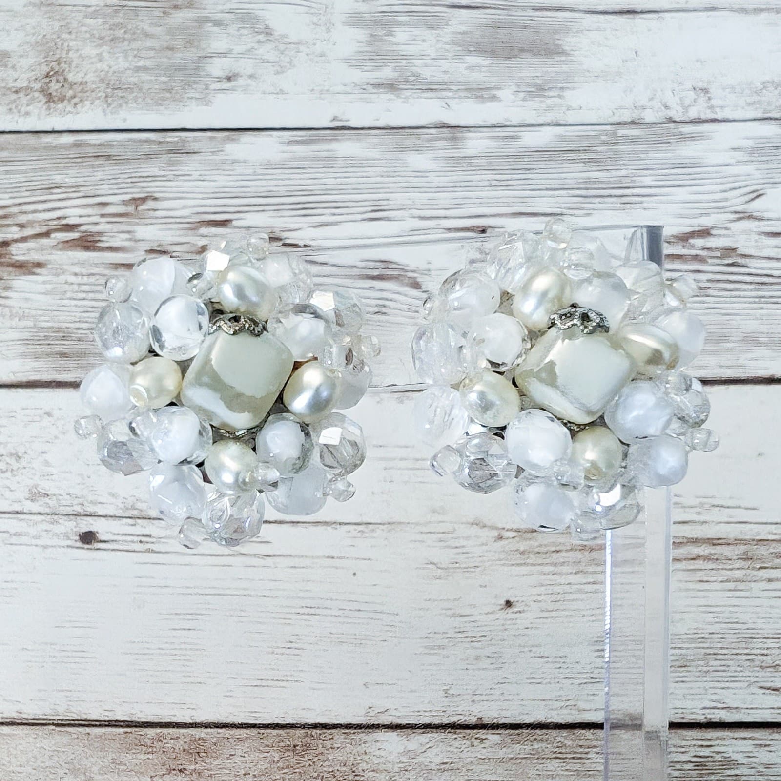 Vintage Clip On Earrings Large Faux Pearl, Clear & Frosted Cluster