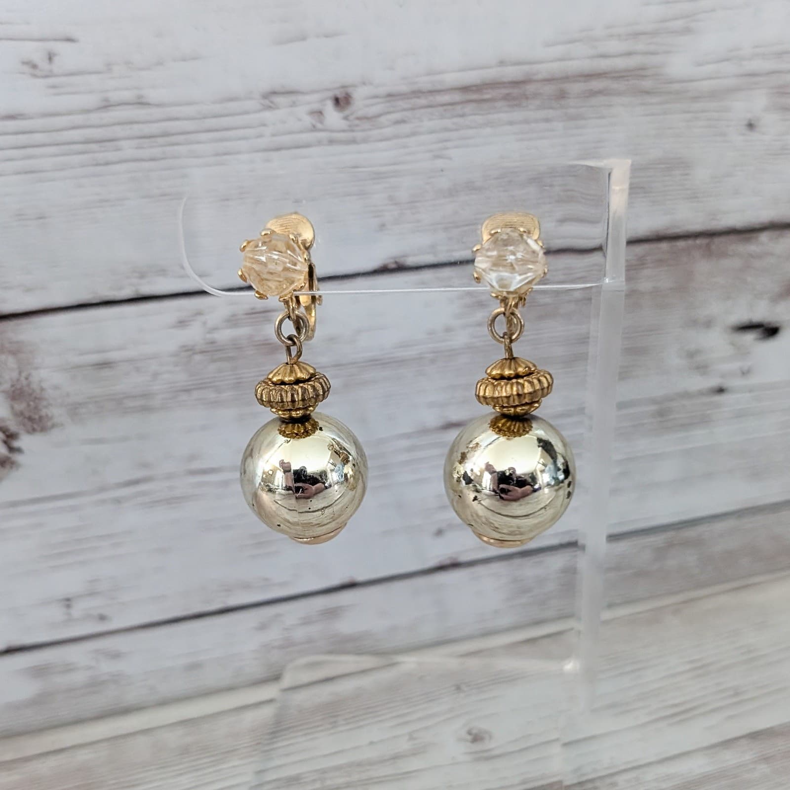 Vintage Clip On Earrings Large Gold Tone Ball Dangle