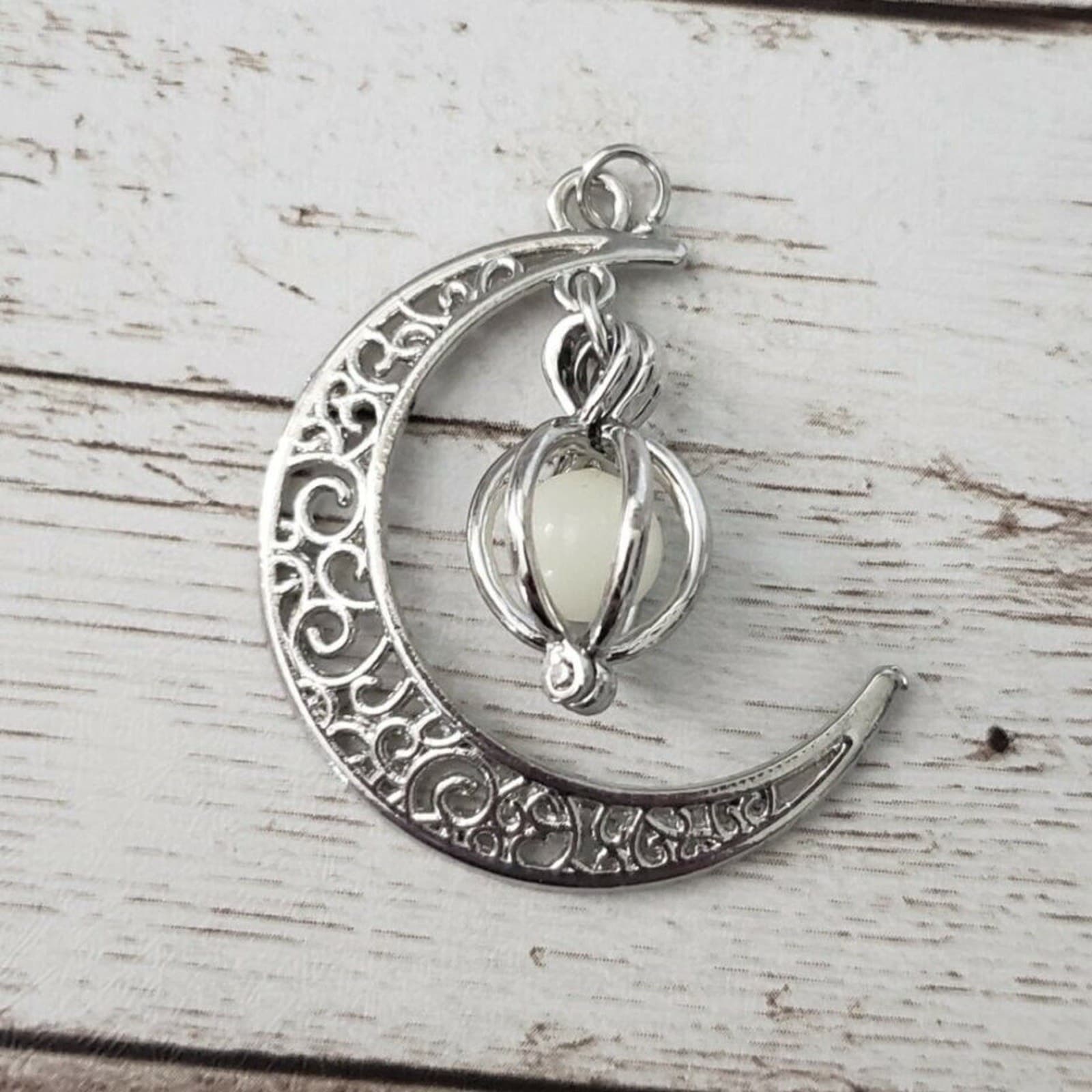 Moon Pendant with Bead Dangle Ornate Silver Tone (No Chain Included)