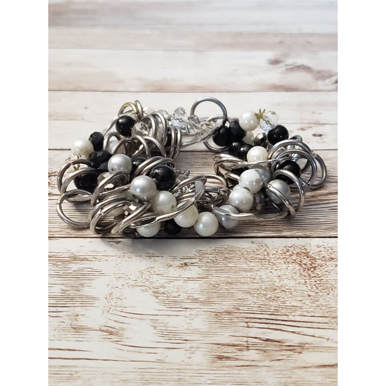 Vintage Stretch Bracelet / Bangle - Multi Material & Circles Statement Bracelet