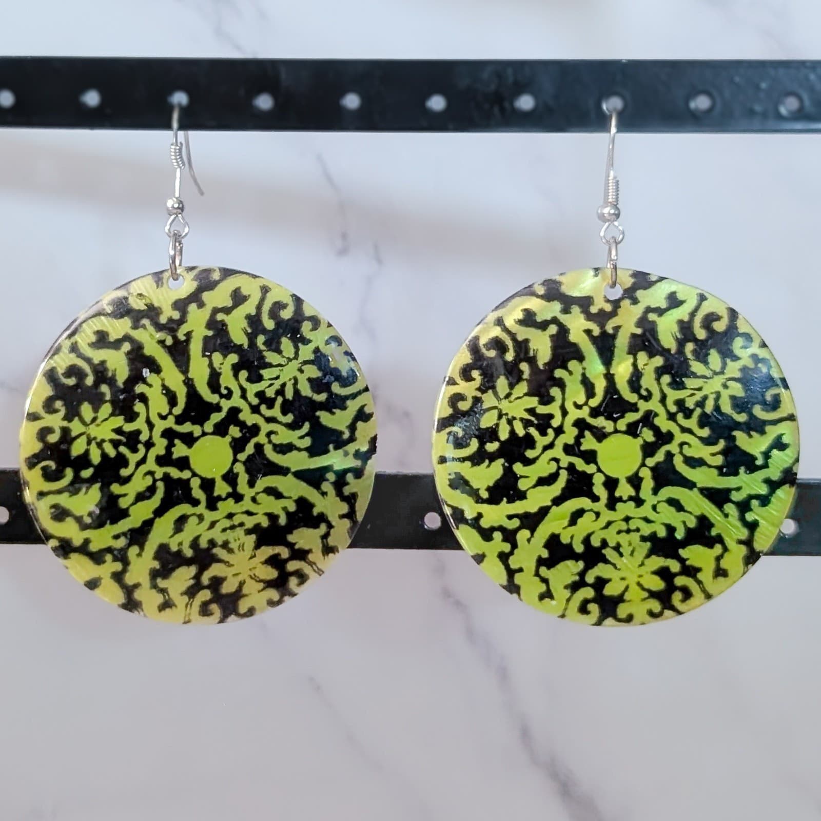 Vintage Dangle Earrings Extra Large Painted Shell Green & Black