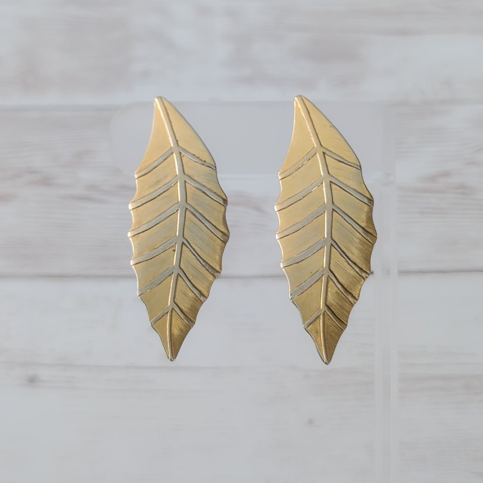 Vintage Clip On Earrings 2 & 1/8" Very Large Gold Tone Leaf