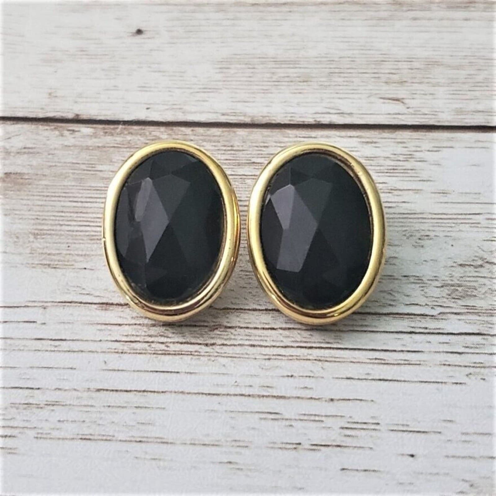 Vintage Clip On Earrings - Black Faceted Oval Gem with Gold Tone Halo
