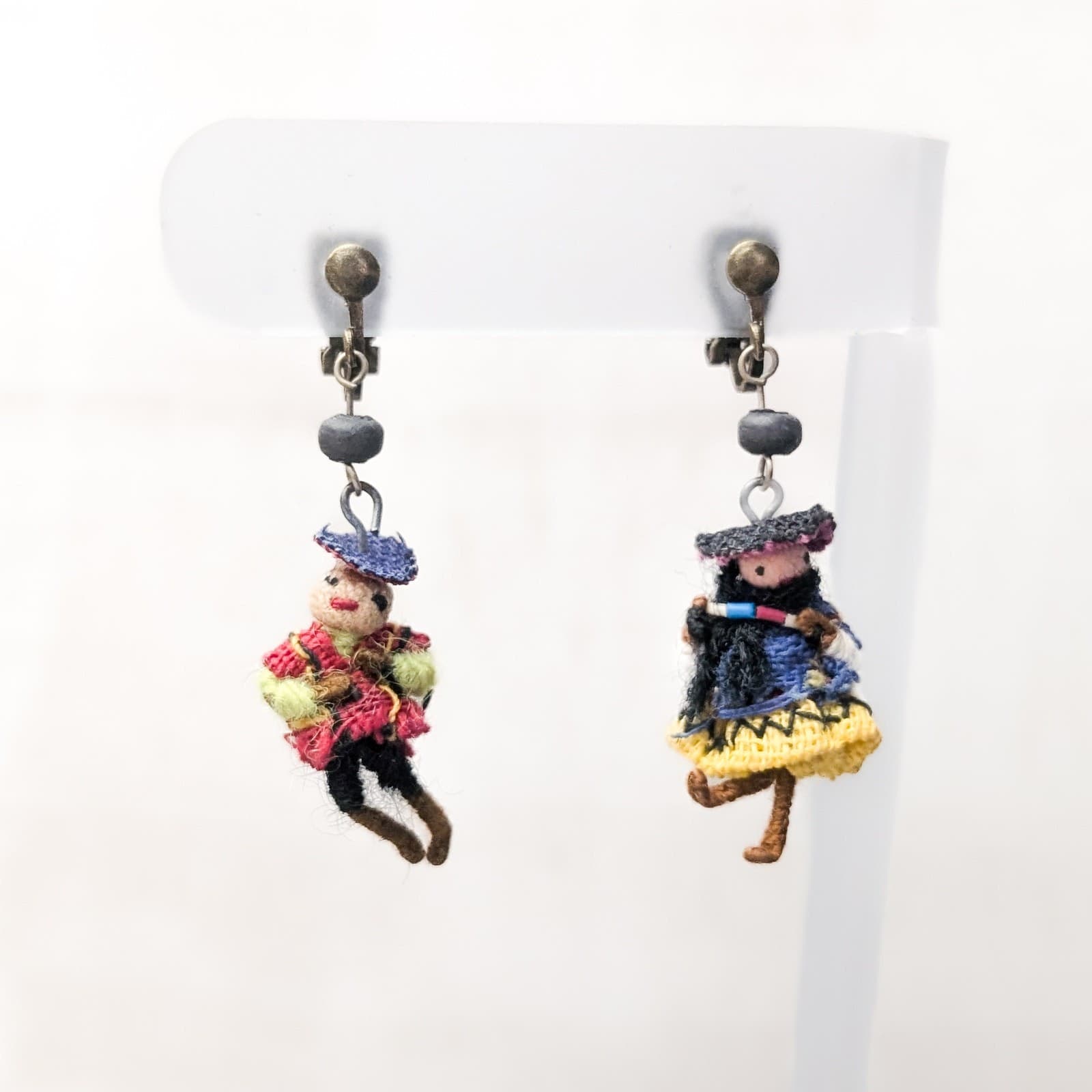 Vintage Clip On Earrings Worry Dolls - Dangle Drop Earrings