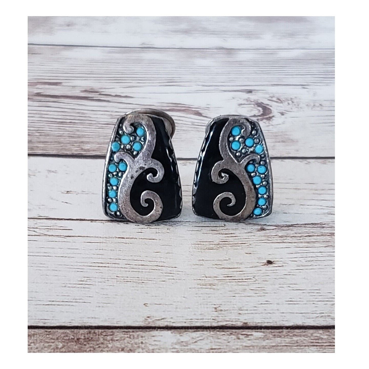 Vintage Clip On Earrings - Silver Tone, Black & Light Blue 7/8"