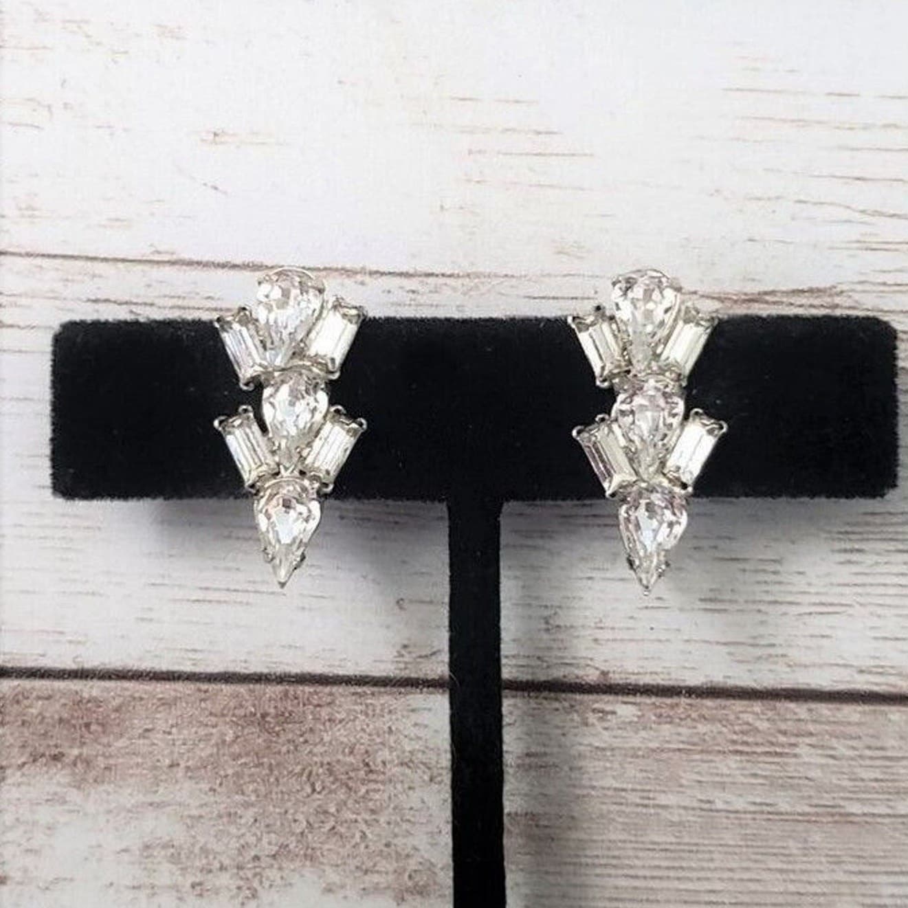 Vintage Screw Back Earrings - 1" Clear Gems Elegant - Teardrop & Baguette Cut