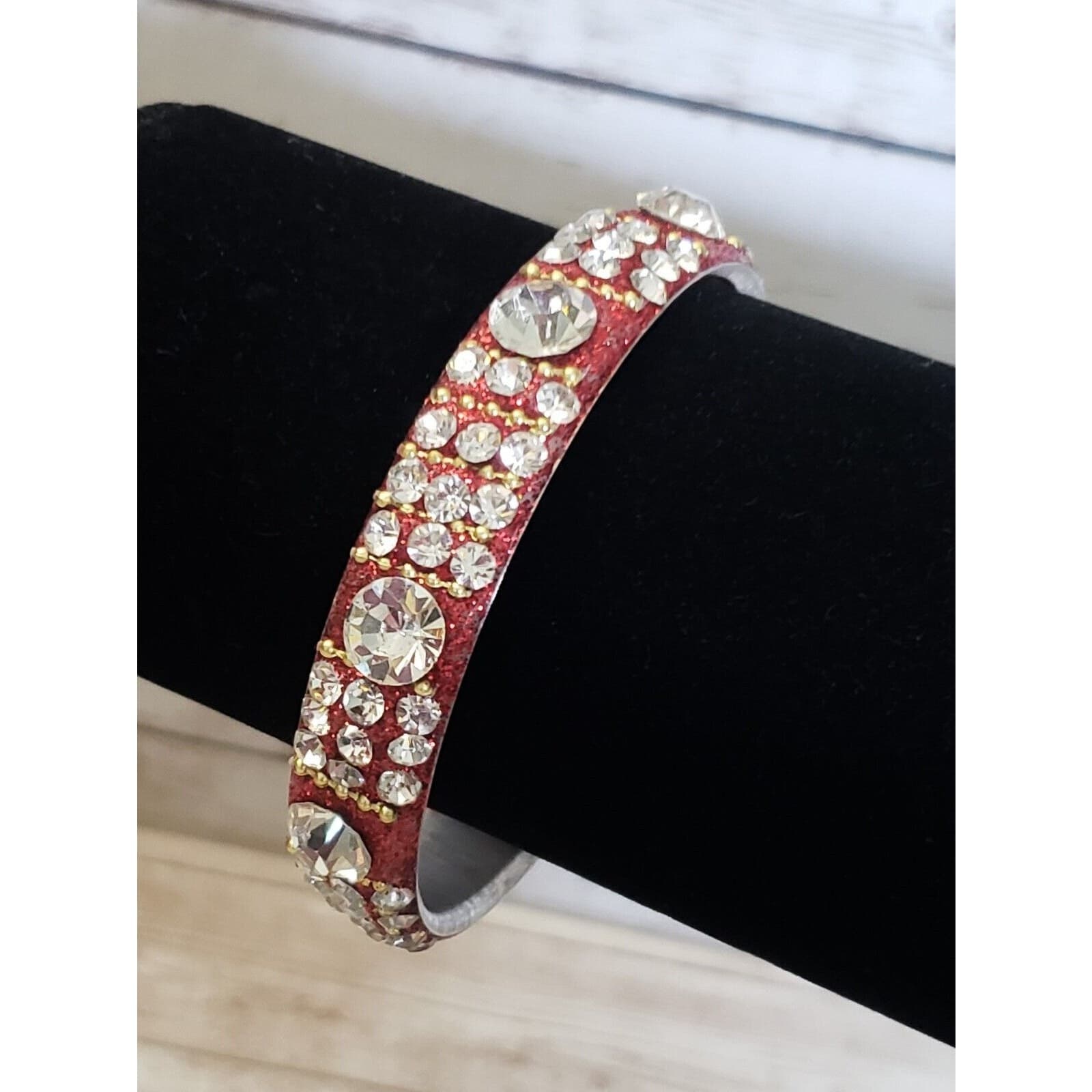 Vintage Bracelet / Bangle Red Glitter & Clear Gem 7.5"