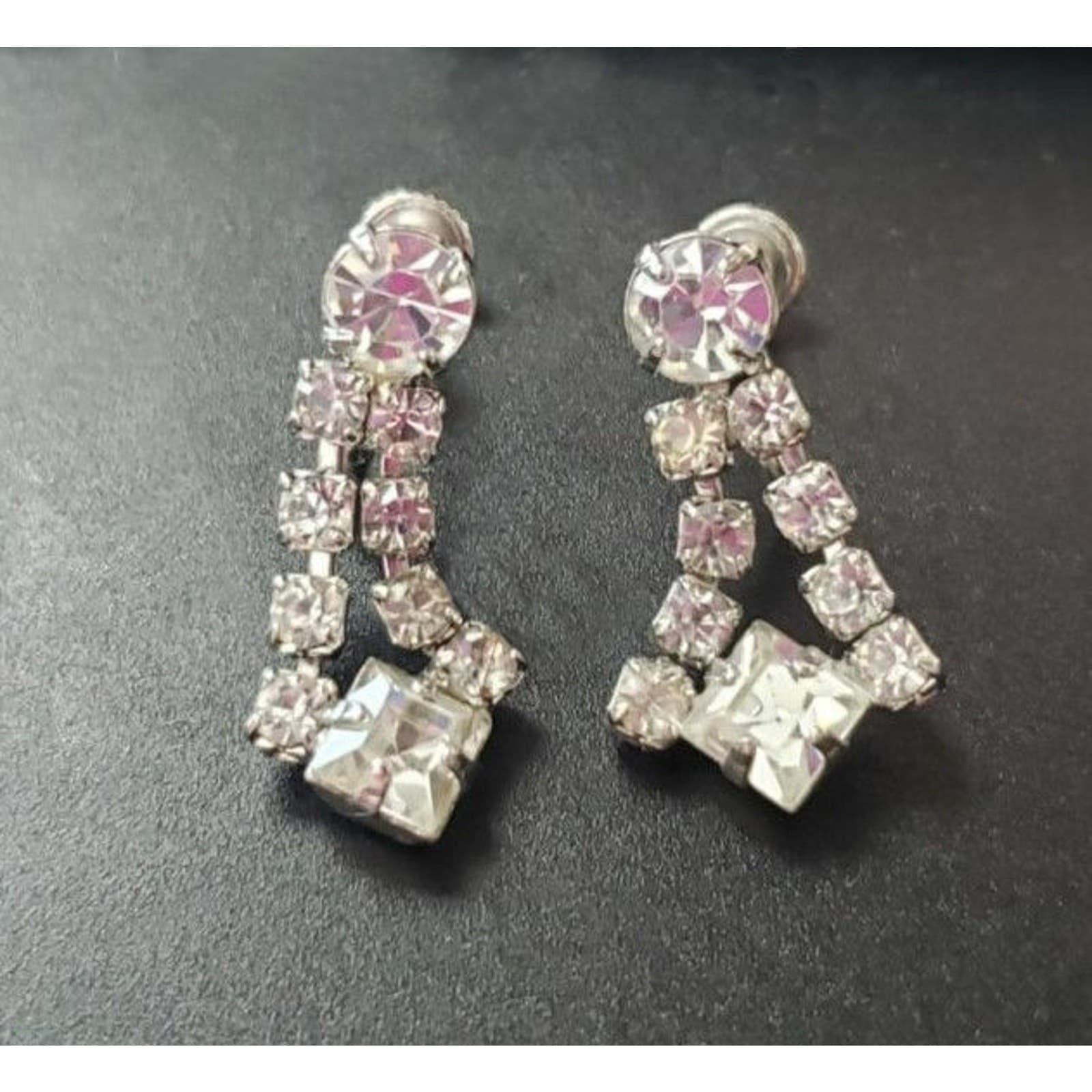 Vintage Screw On Earrings - Clear Stone Dangle - 1" Stylish