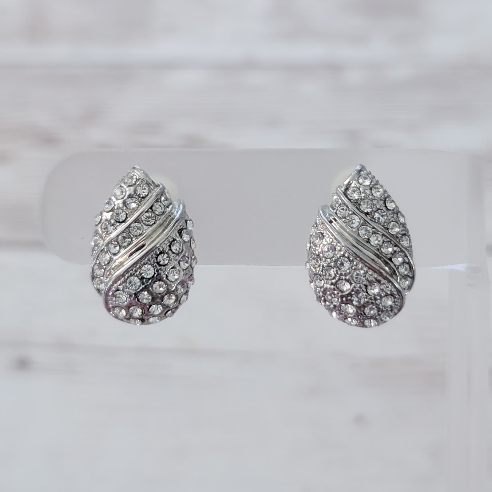 Vintage Clip On Earrings Stunning Silver Tone & Clear Gem Teardrop Statement